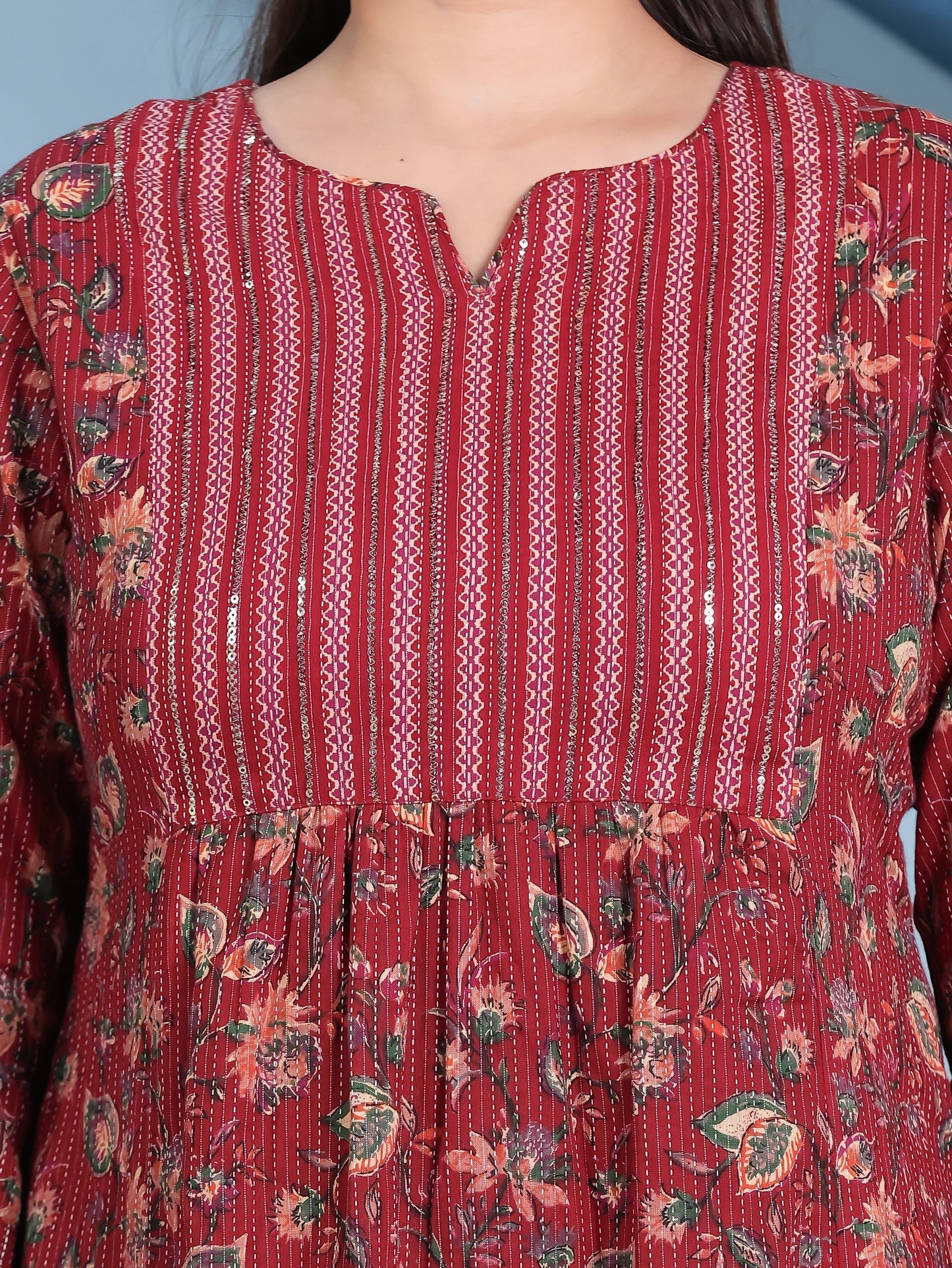 Embroidered Kantha Cotton Floral Flared Red Kurta