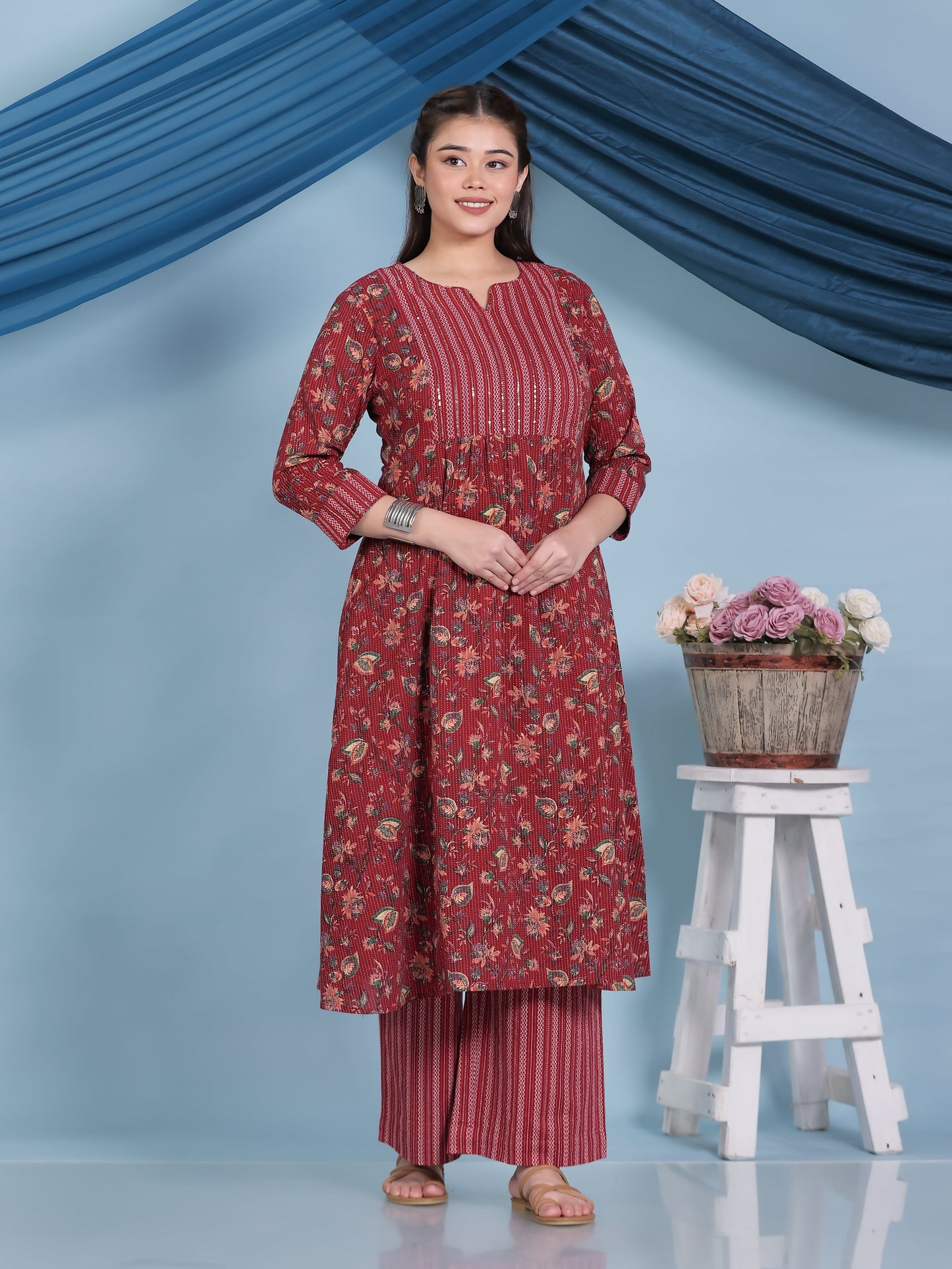 Embroidered Kantha Cotton Floral Flared Red Kurta