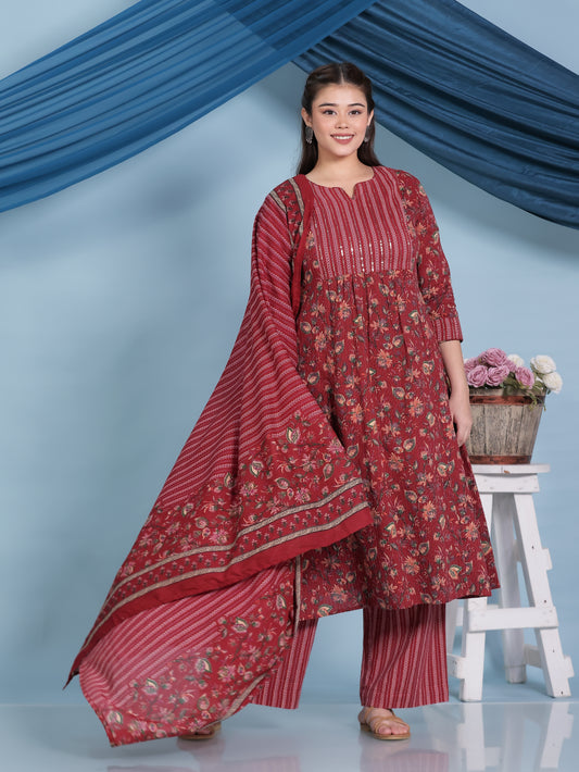 Embroidered Kantha Cotton Floral Flared Red Kurta