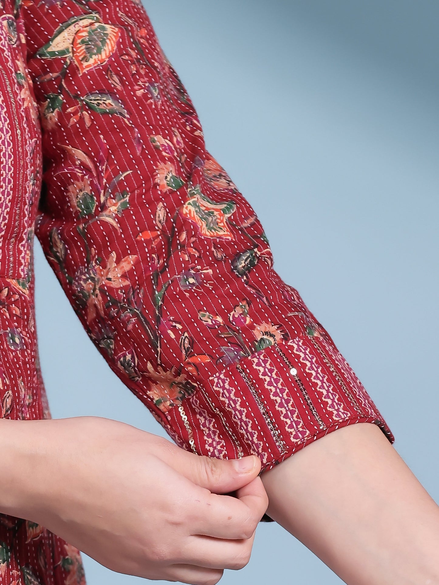 Embroidered Kantha Cotton Floral Flared Red Kurta