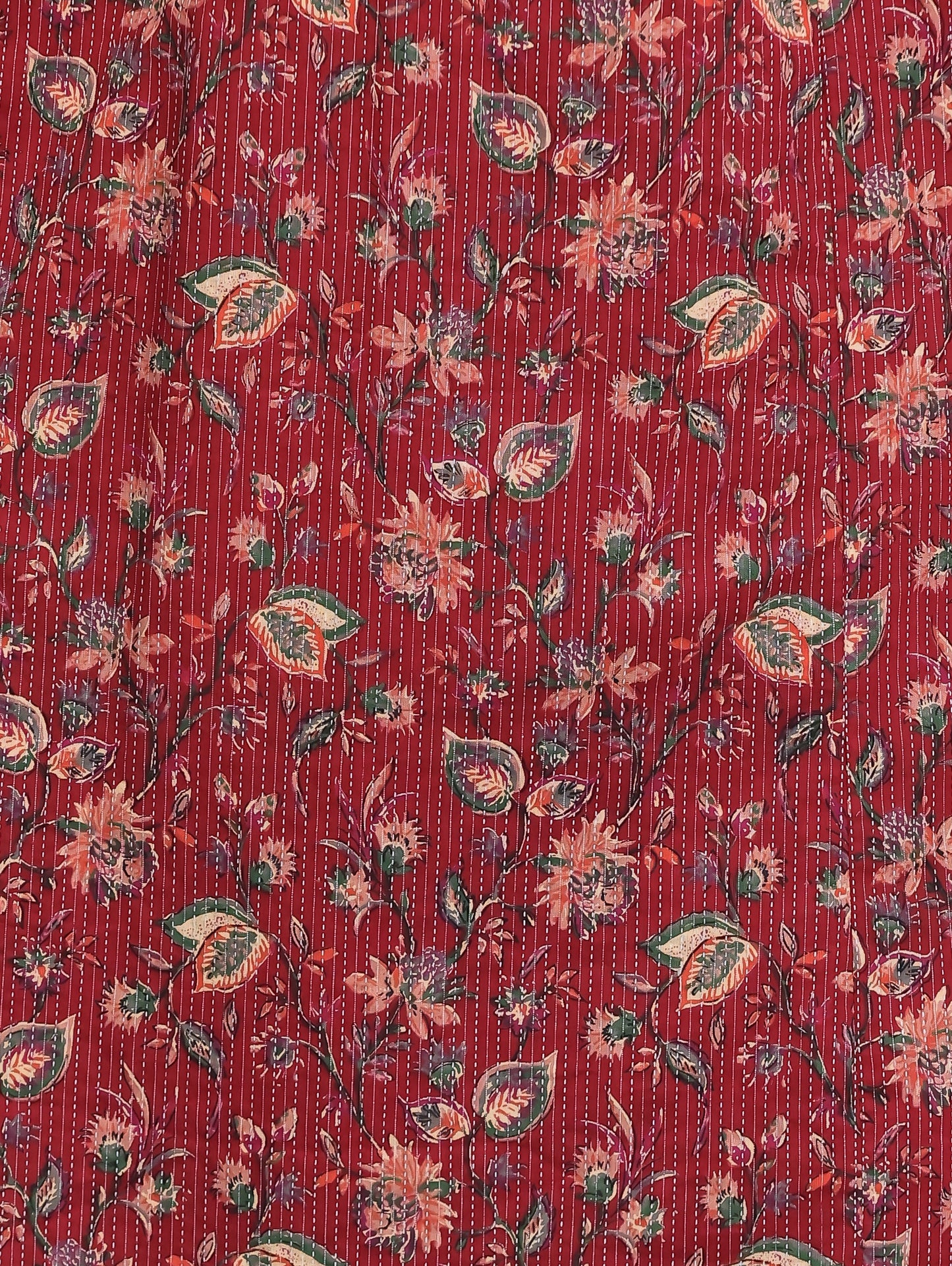 Embroidered Kantha Cotton Floral Flared Red Kurta