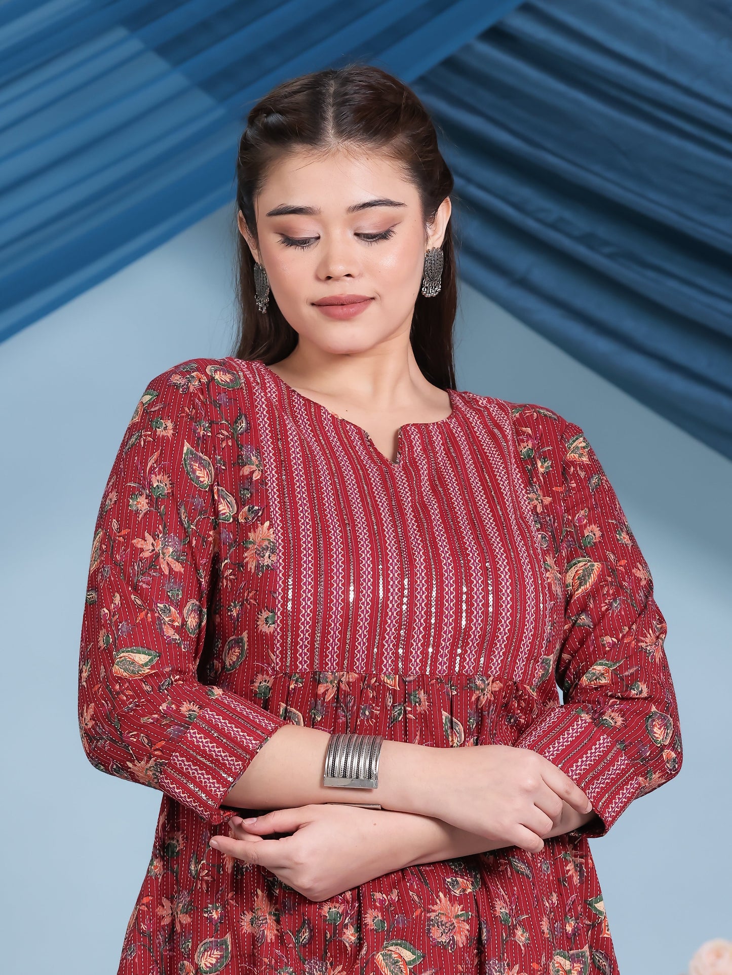 Embroidered Kantha Cotton Floral Flared Red Kurta