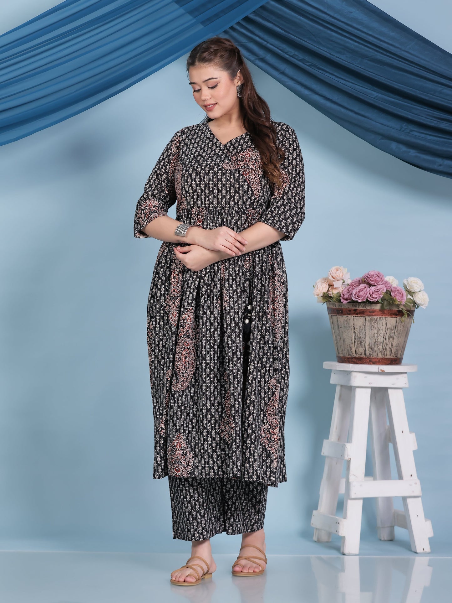 Kantha Cotton Paisley Angrakha Black Kurta