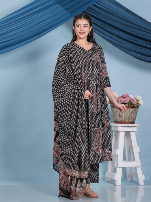 Kantha Cotton Paisley Angrakha Black Kurta