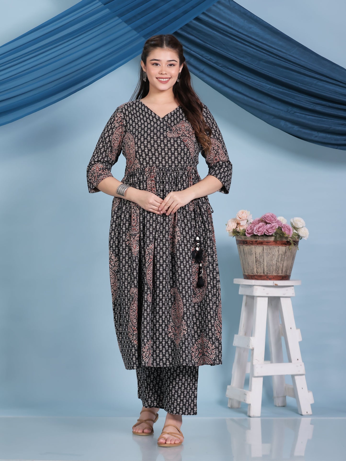 Kantha Cotton Paisley Angrakha Black Kurta