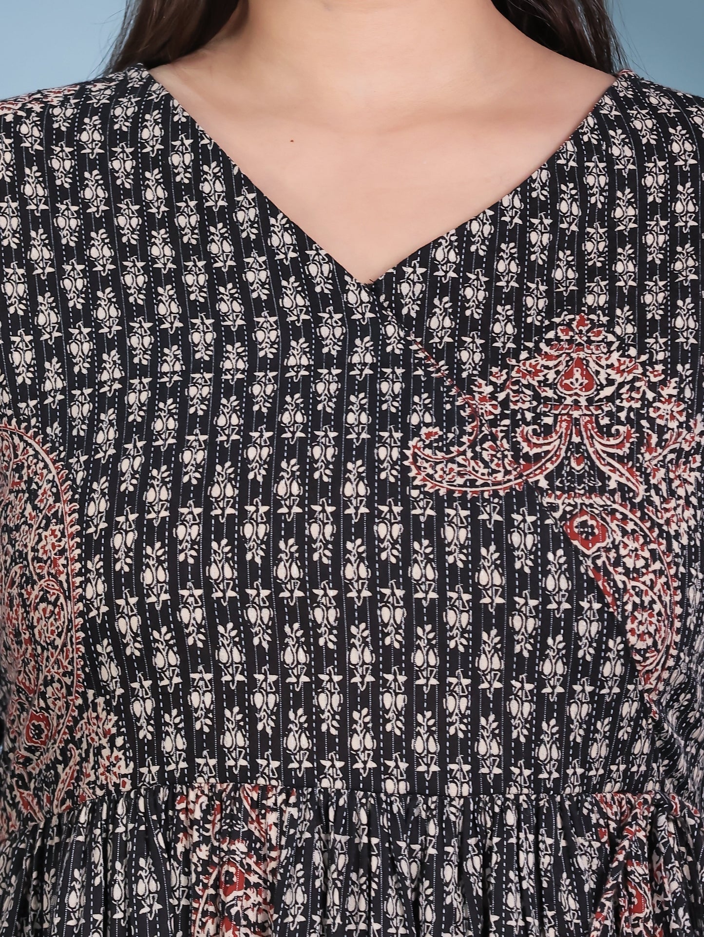 Kantha Cotton Paisley Angrakha Black Kurta