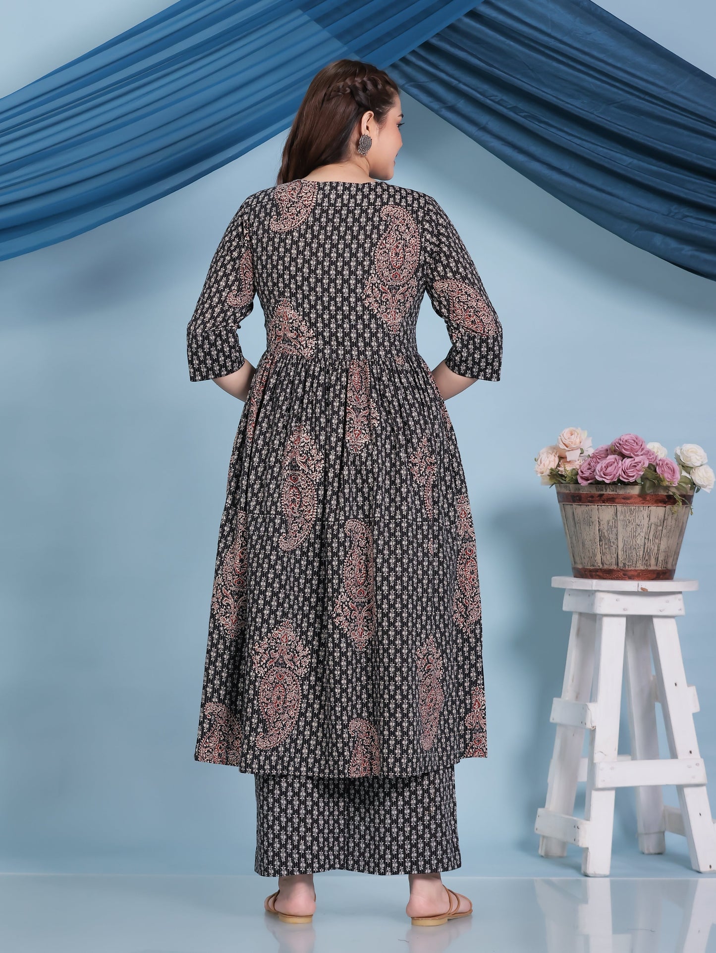 Kantha Cotton Paisley Angrakha Black Kurta