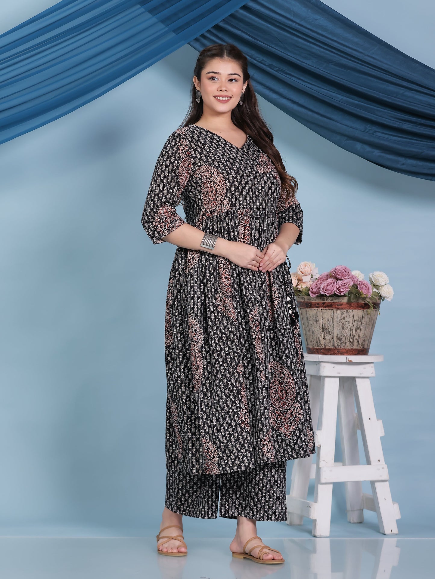 Kantha Cotton Paisley Angrakha Black Kurta