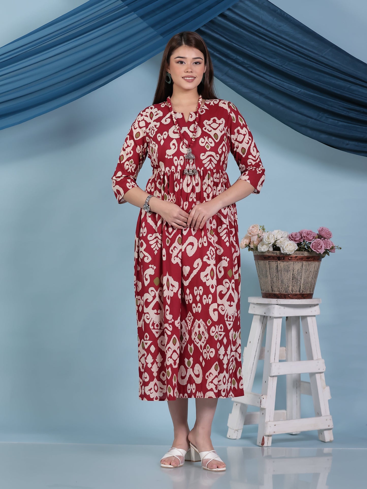 Soft Cotton Ikat Anarkali Maroon Dress (With Necklace)