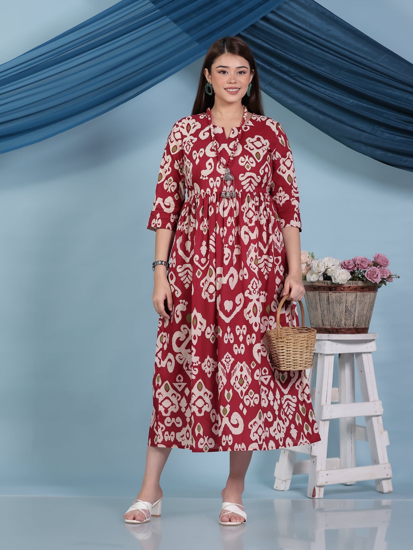 Soft Cotton Ikat Anarkali Maroon Dress (With Necklace)