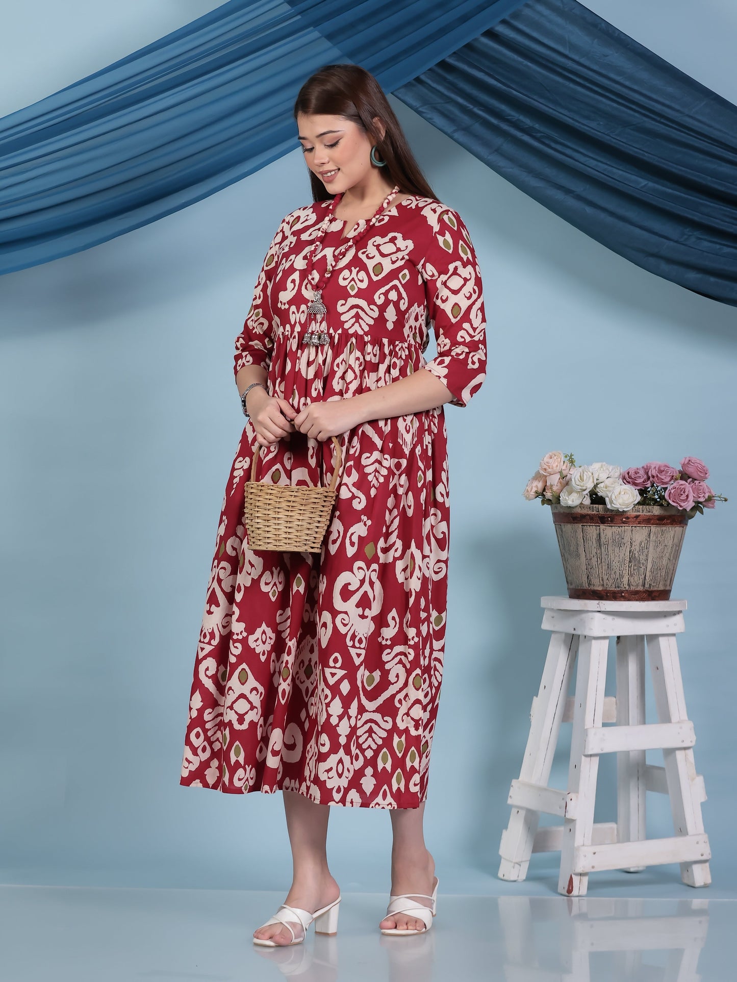 Soft Cotton Ikat Anarkali Maroon Dress (With Necklace)