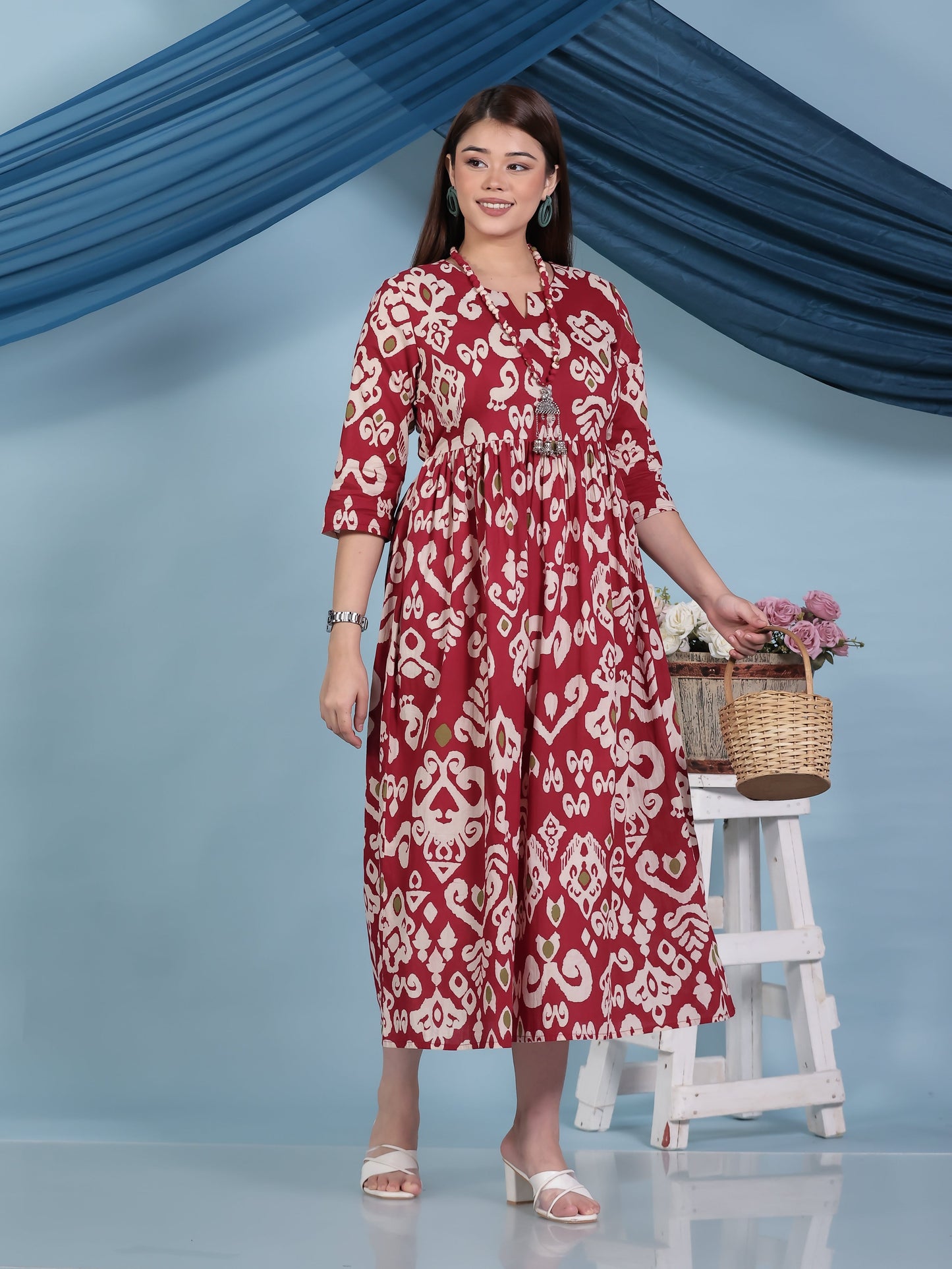 Soft Cotton Ikat Anarkali Maroon Dress (With Necklace)