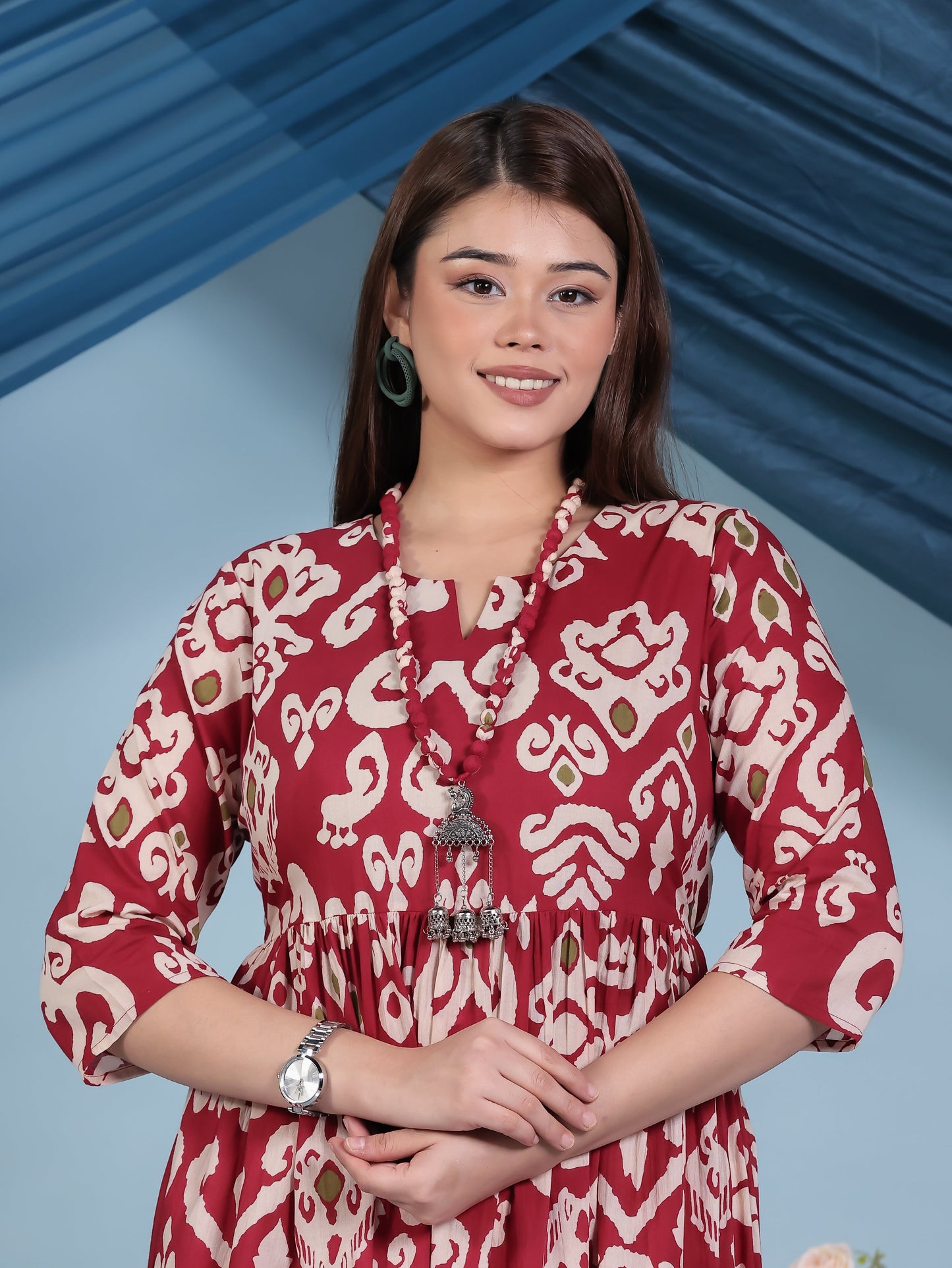 Soft Cotton Ikat Anarkali Maroon Dress (With Necklace)
