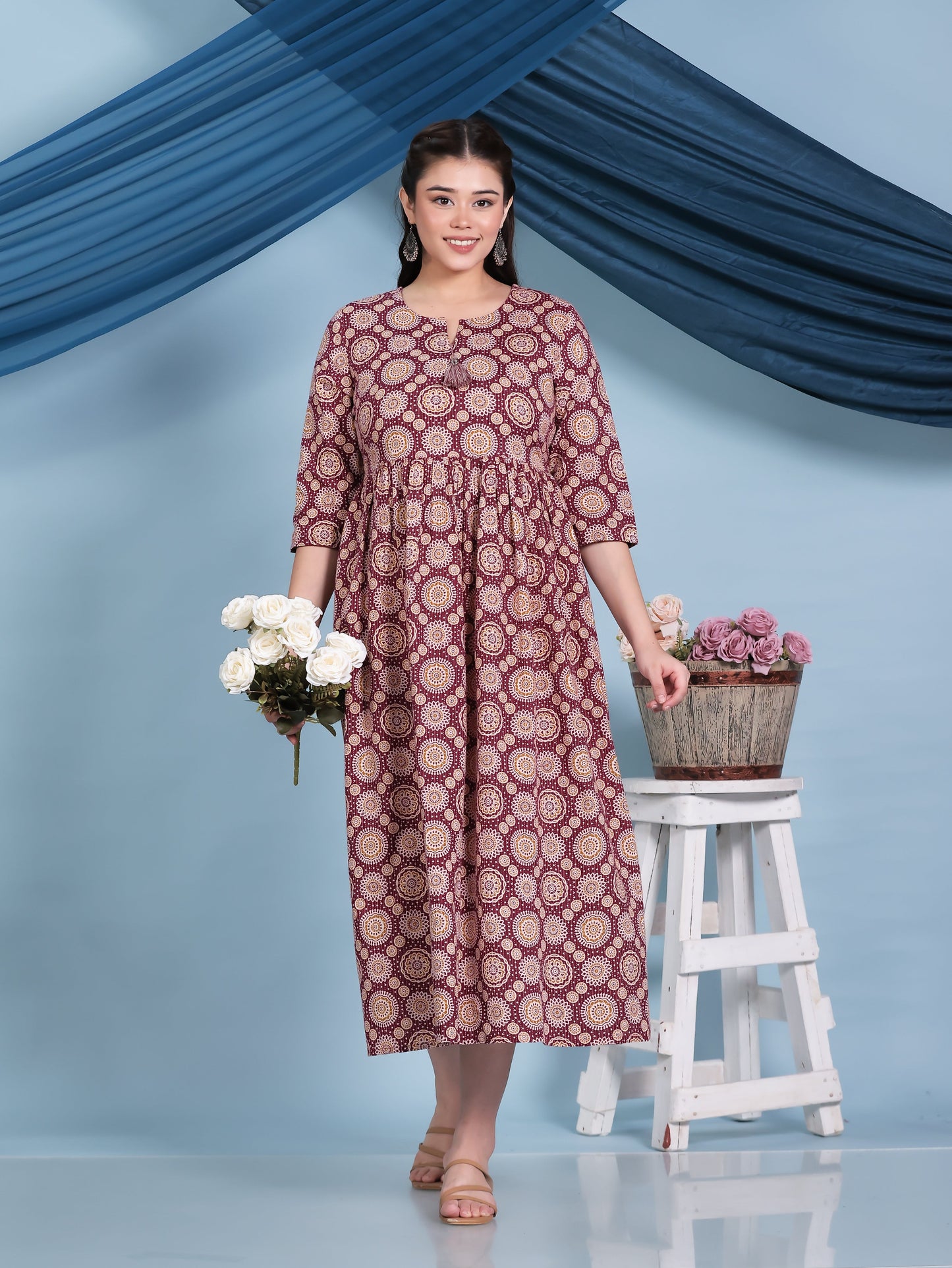 Kantha Cotton Geometric Anarkali Maroon Dress