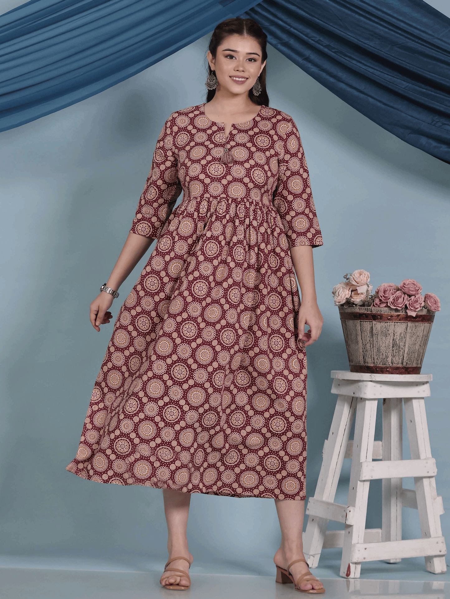 Kantha Cotton Geometric Anarkali Maroon Dress