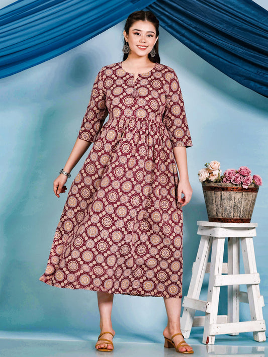 Kantha Cotton Geometric Anarkali Maroon Dress
