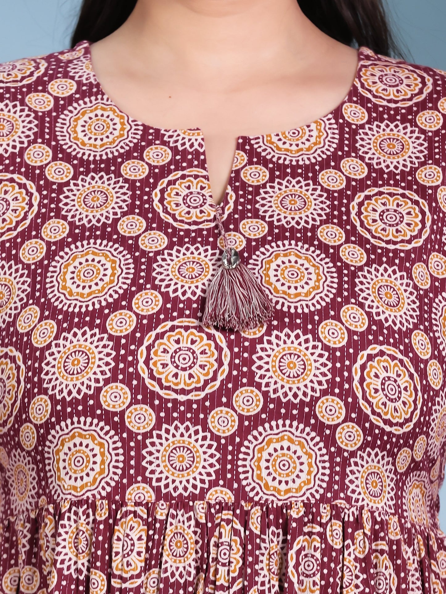 Kantha Cotton Geometric Anarkali Maroon Dress