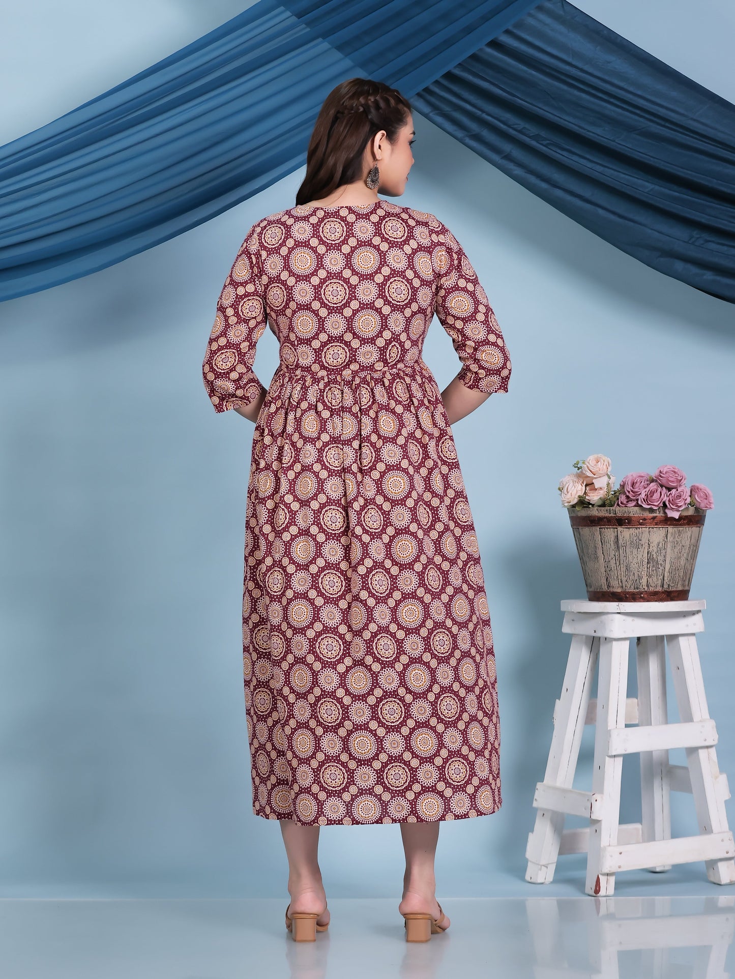 Kantha Cotton Geometric Anarkali Maroon Dress