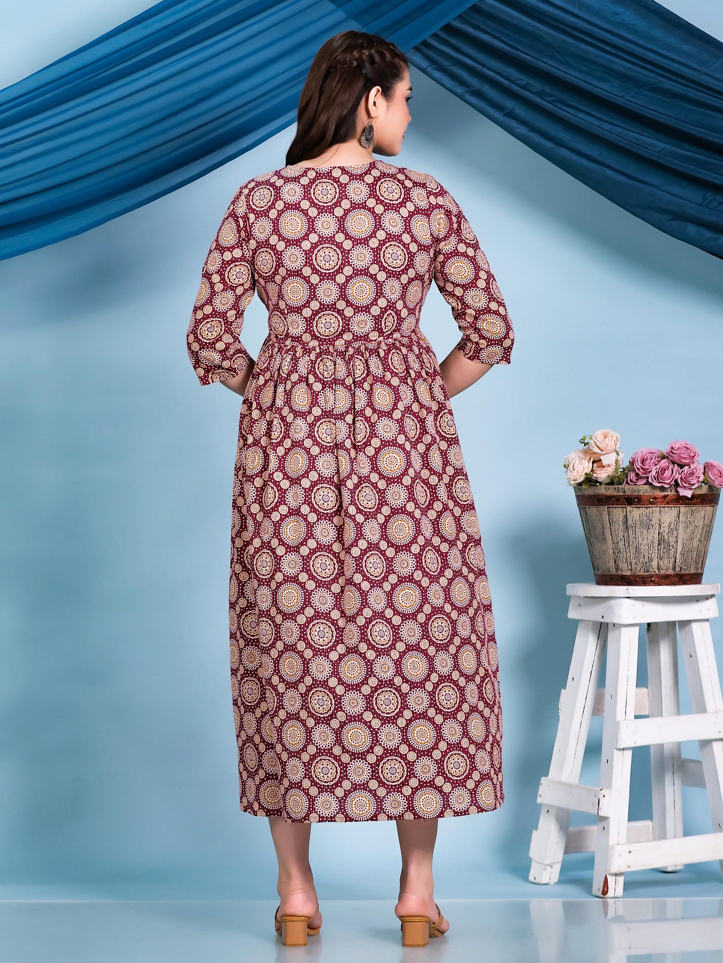 Kantha Cotton Geometric Anarkali Maroon Dress