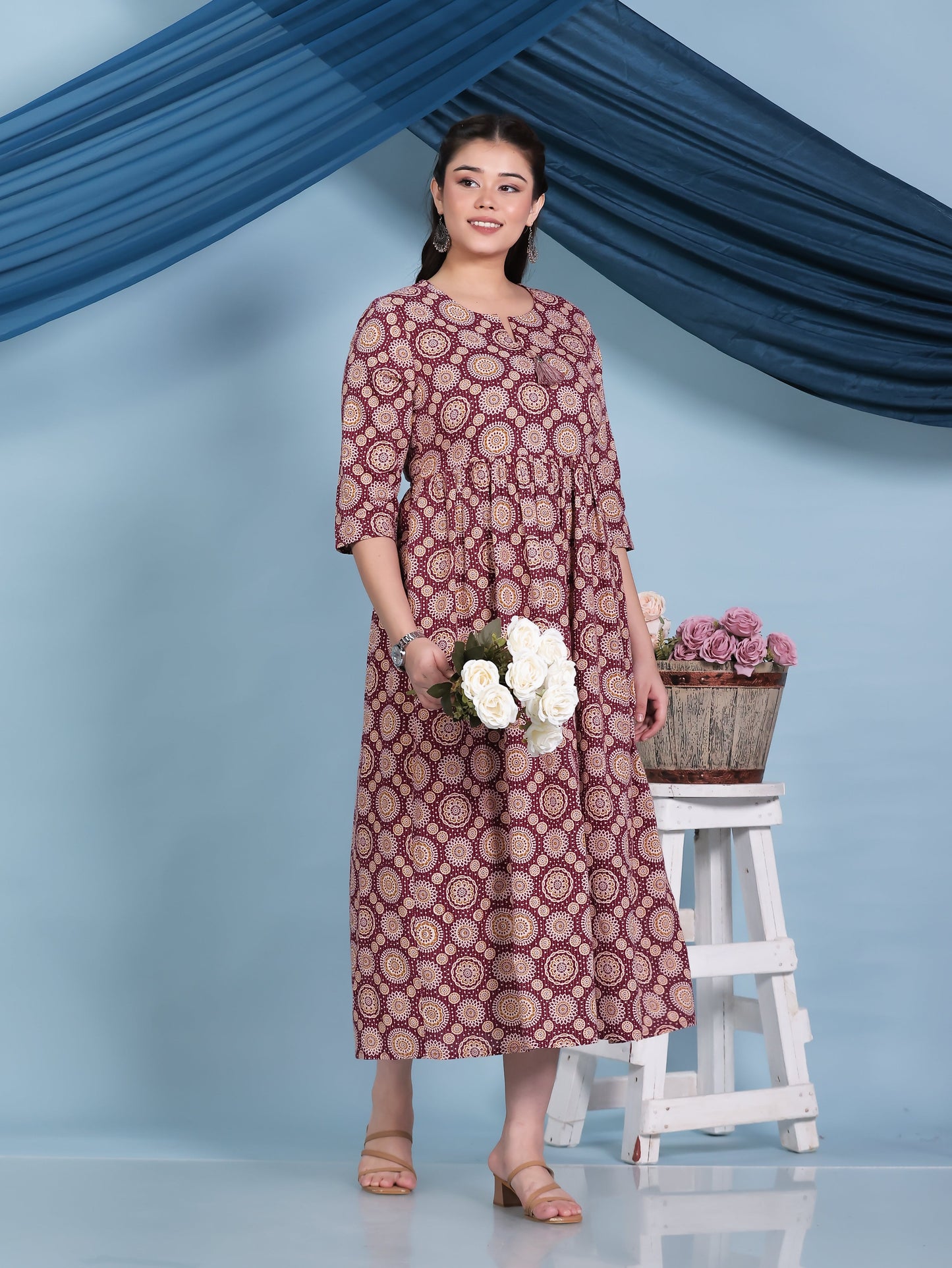 Kantha Cotton Geometric Anarkali Maroon Dress
