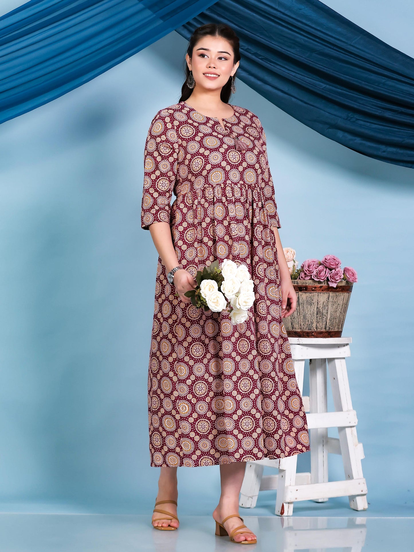 Kantha Cotton Geometric Anarkali Maroon Dress