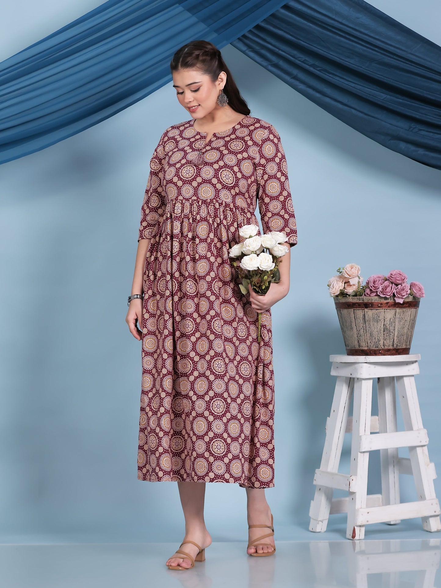 Kantha Cotton Geometric Anarkali Maroon Dress