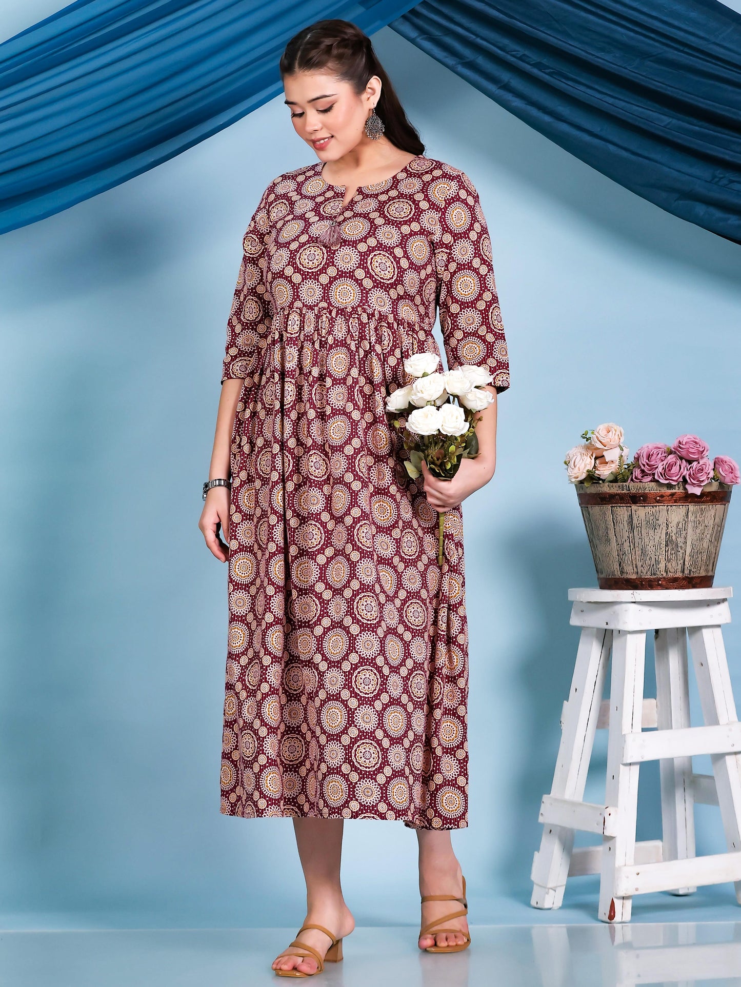 Kantha Cotton Geometric Anarkali Maroon Dress