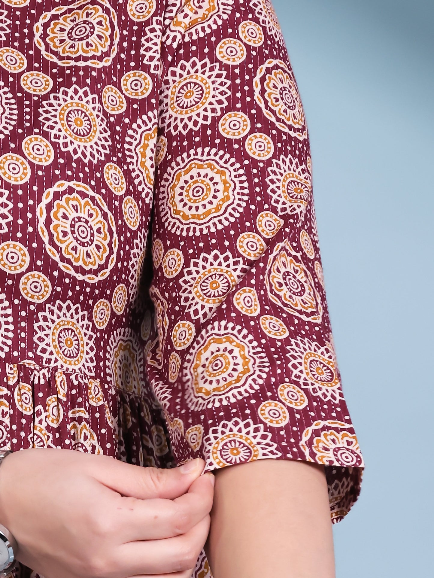 Kantha Cotton Geometric Anarkali Maroon Dress