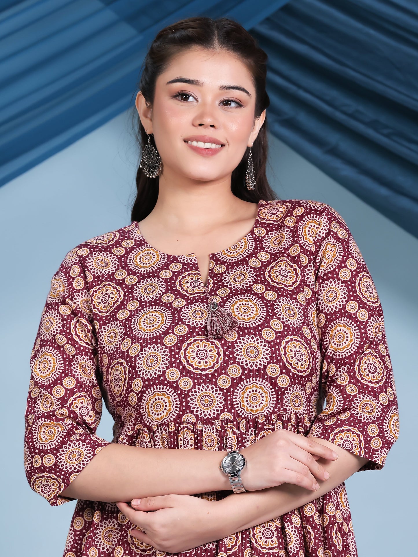 Kantha Cotton Geometric Anarkali Maroon Dress