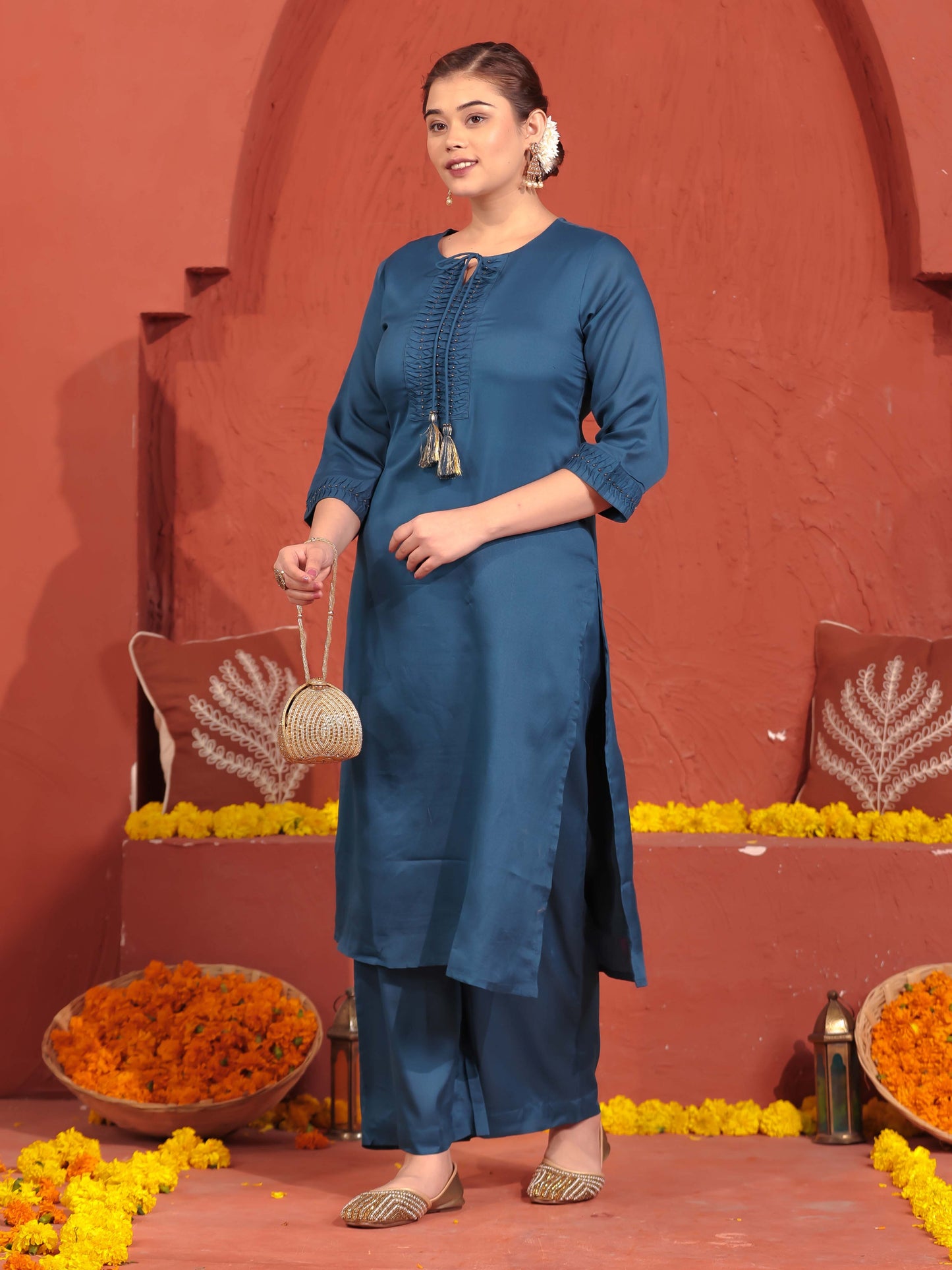 Crepe Solid Straight Blue Kurta