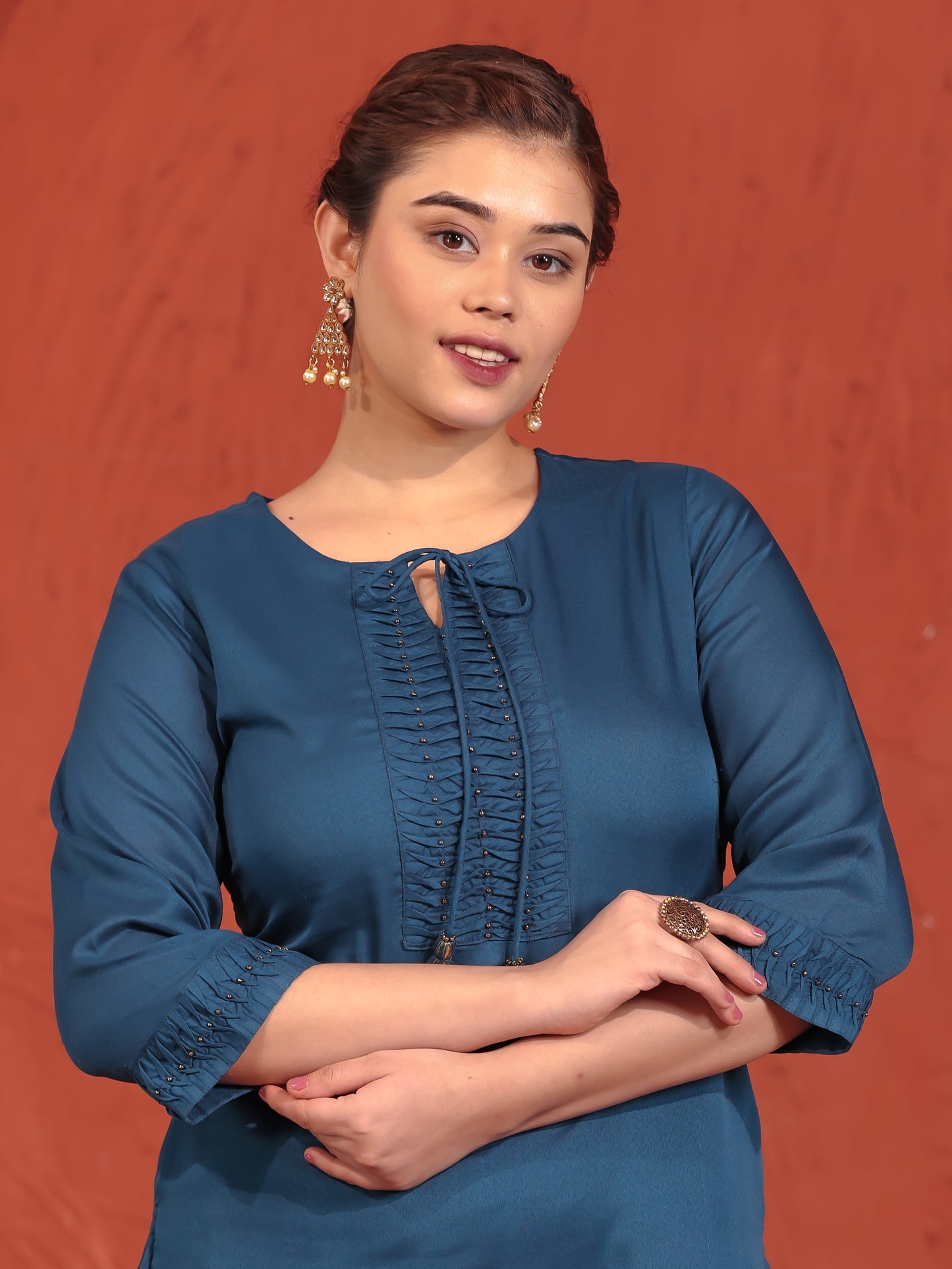 Crepe Solid Straight Blue Kurta