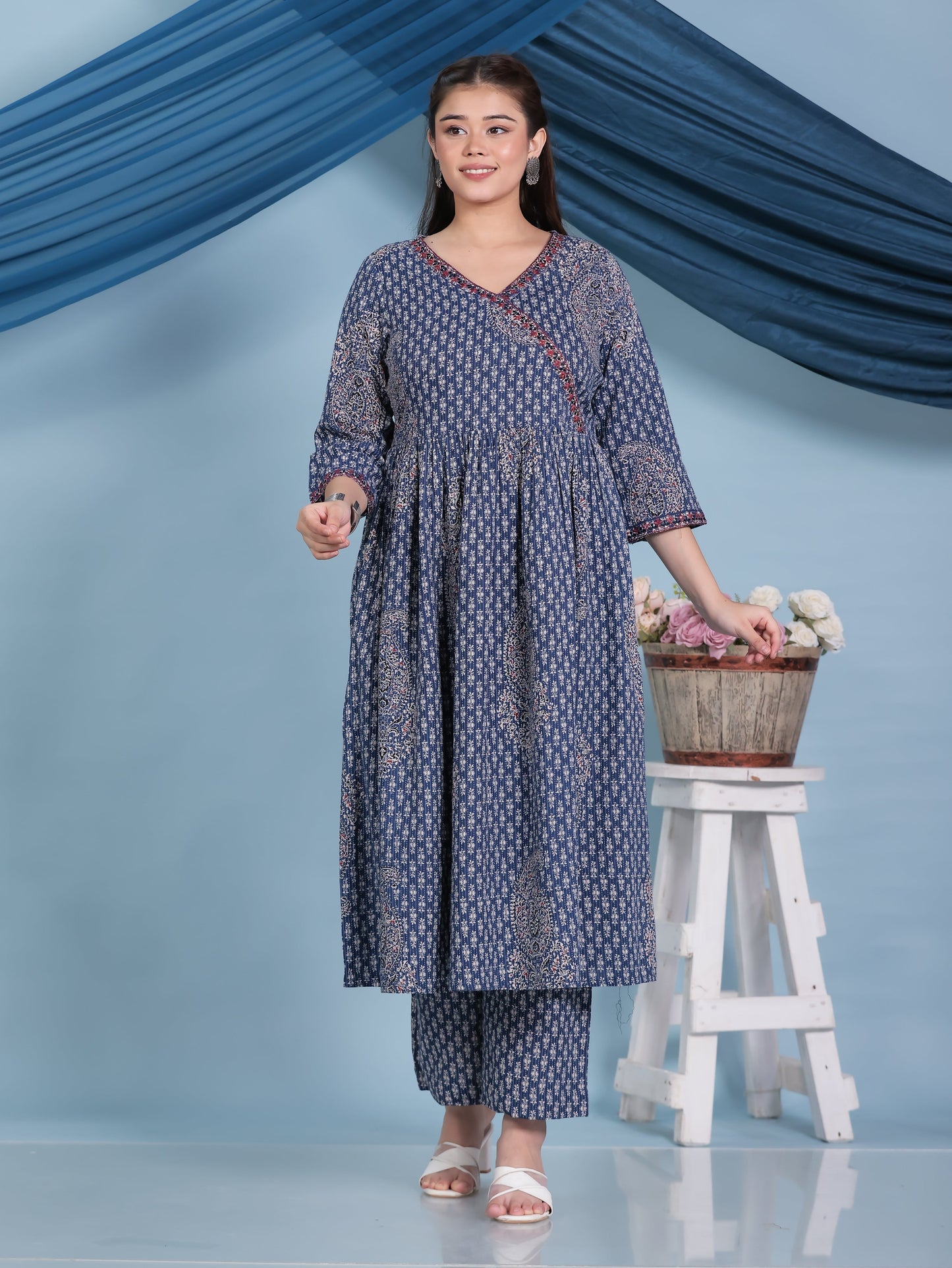 Embroidered Kantha Cotton Paisley Angrakha Blue Kurta