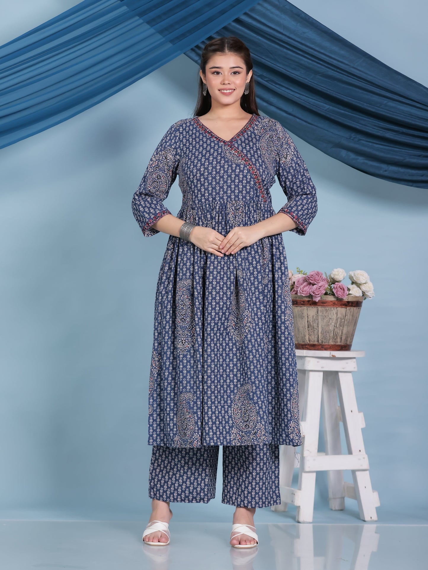 Embroidered Kantha Cotton Paisley Angrakha Blue Kurta