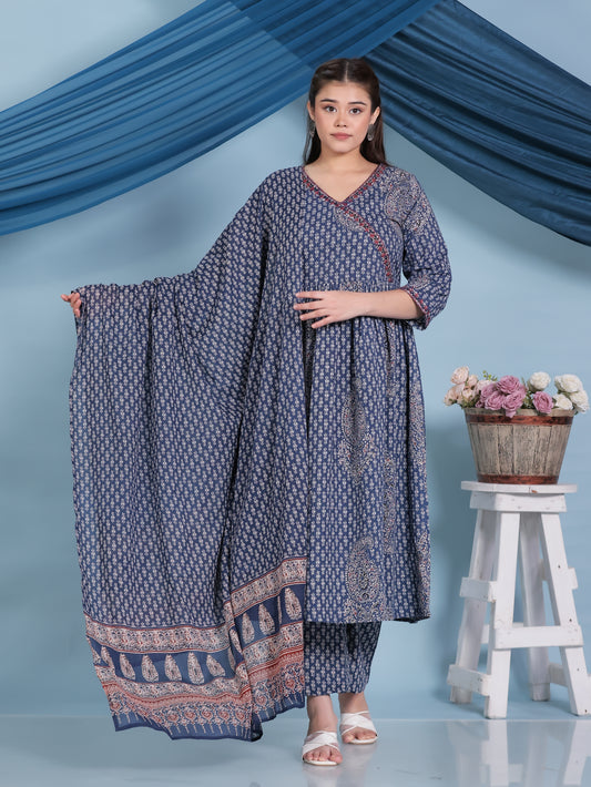 Embroidered Kantha Cotton Paisley Angrakha Blue Kurta
