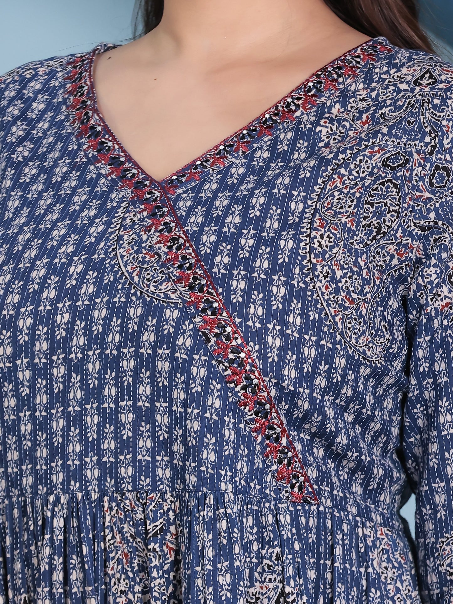 Embroidered Kantha Cotton Paisley Angrakha Blue Kurta