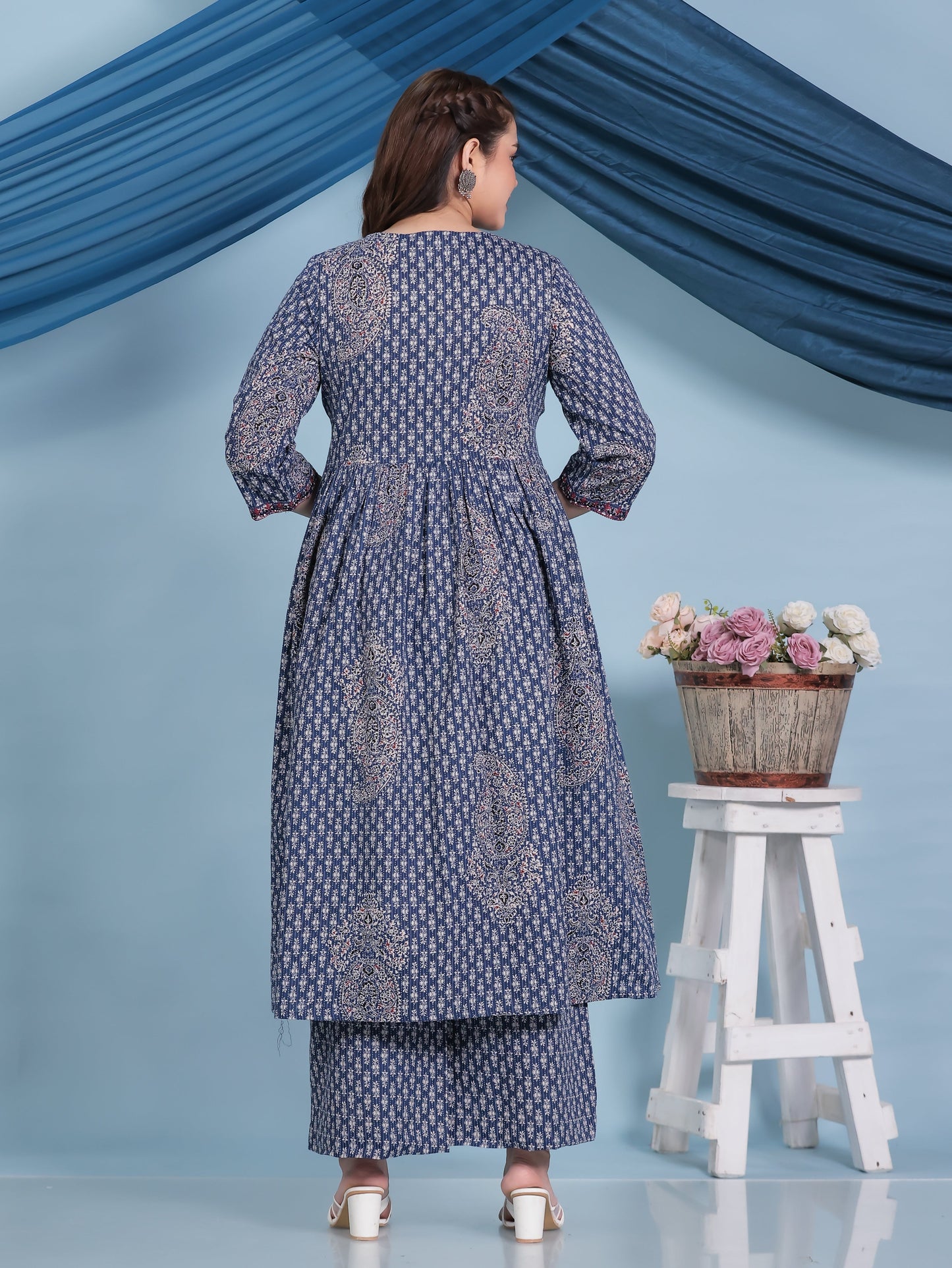 Embroidered Kantha Cotton Paisley Angrakha Blue Kurta