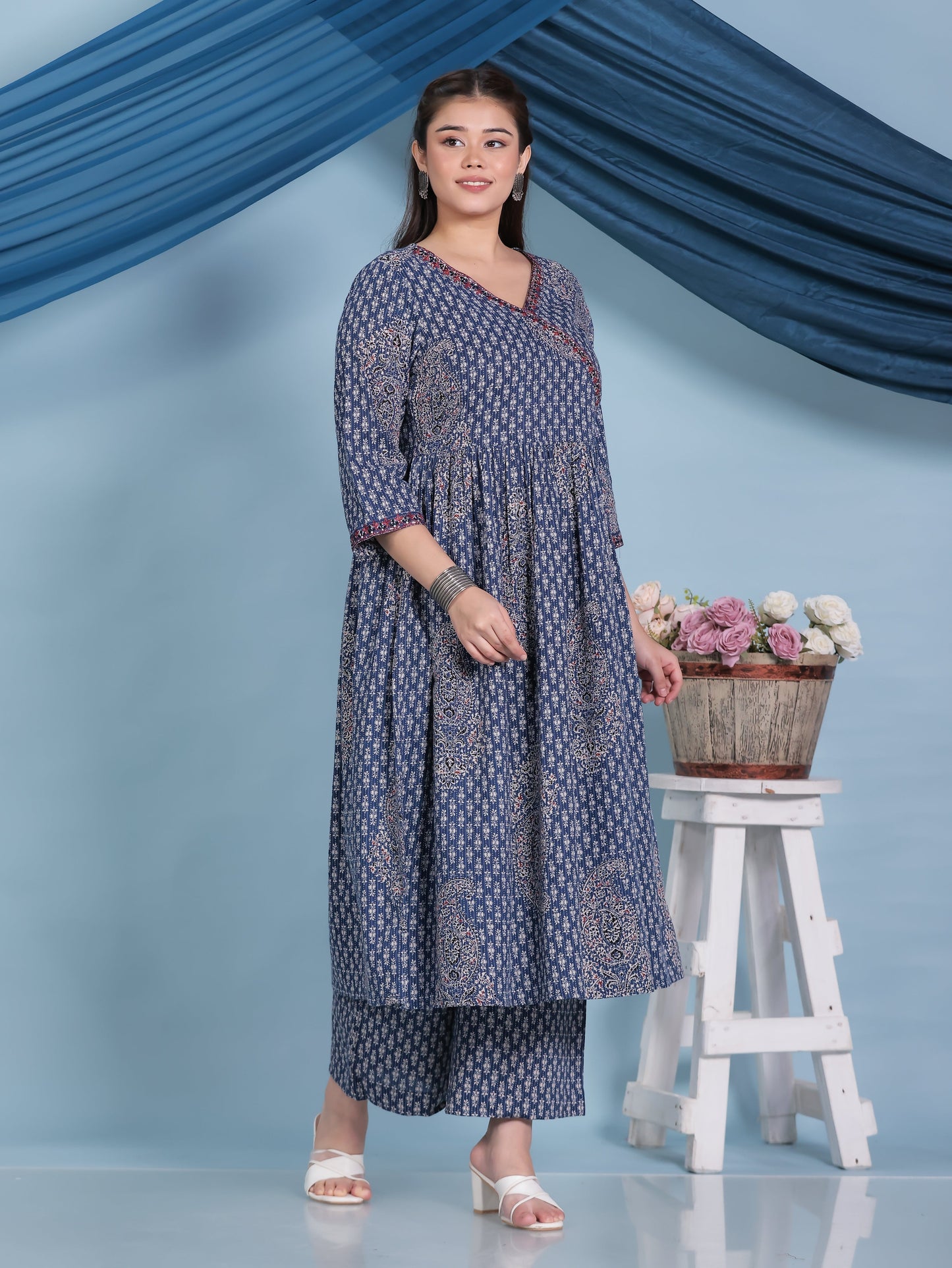 Embroidered Kantha Cotton Paisley Angrakha Blue Kurta