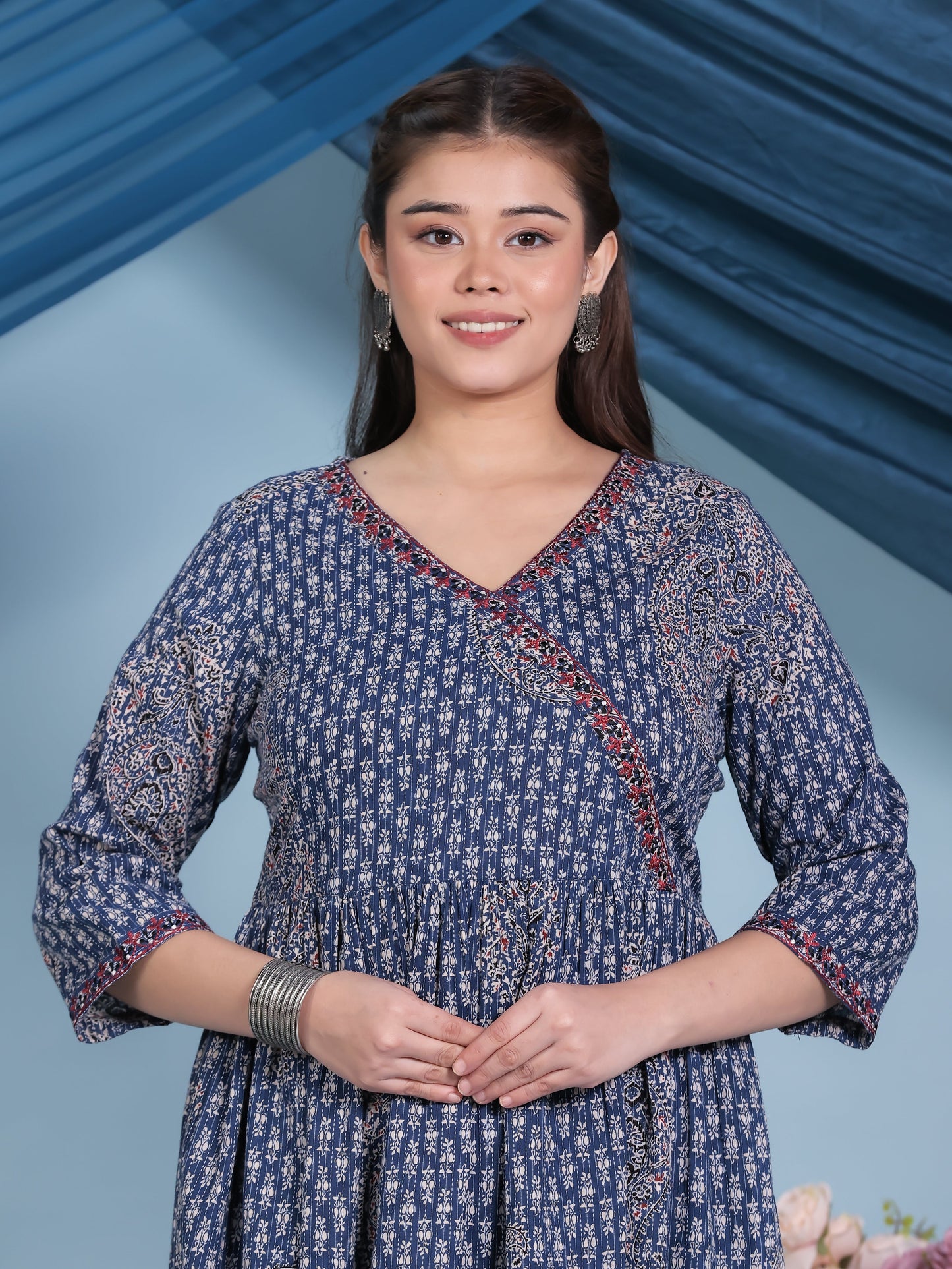 Embroidered Kantha Cotton Paisley Angrakha Blue Kurta