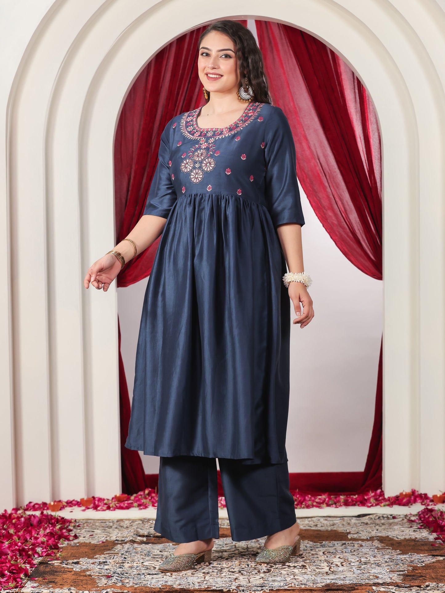 Embroidered Crepe Solid Flared Blue Kurta