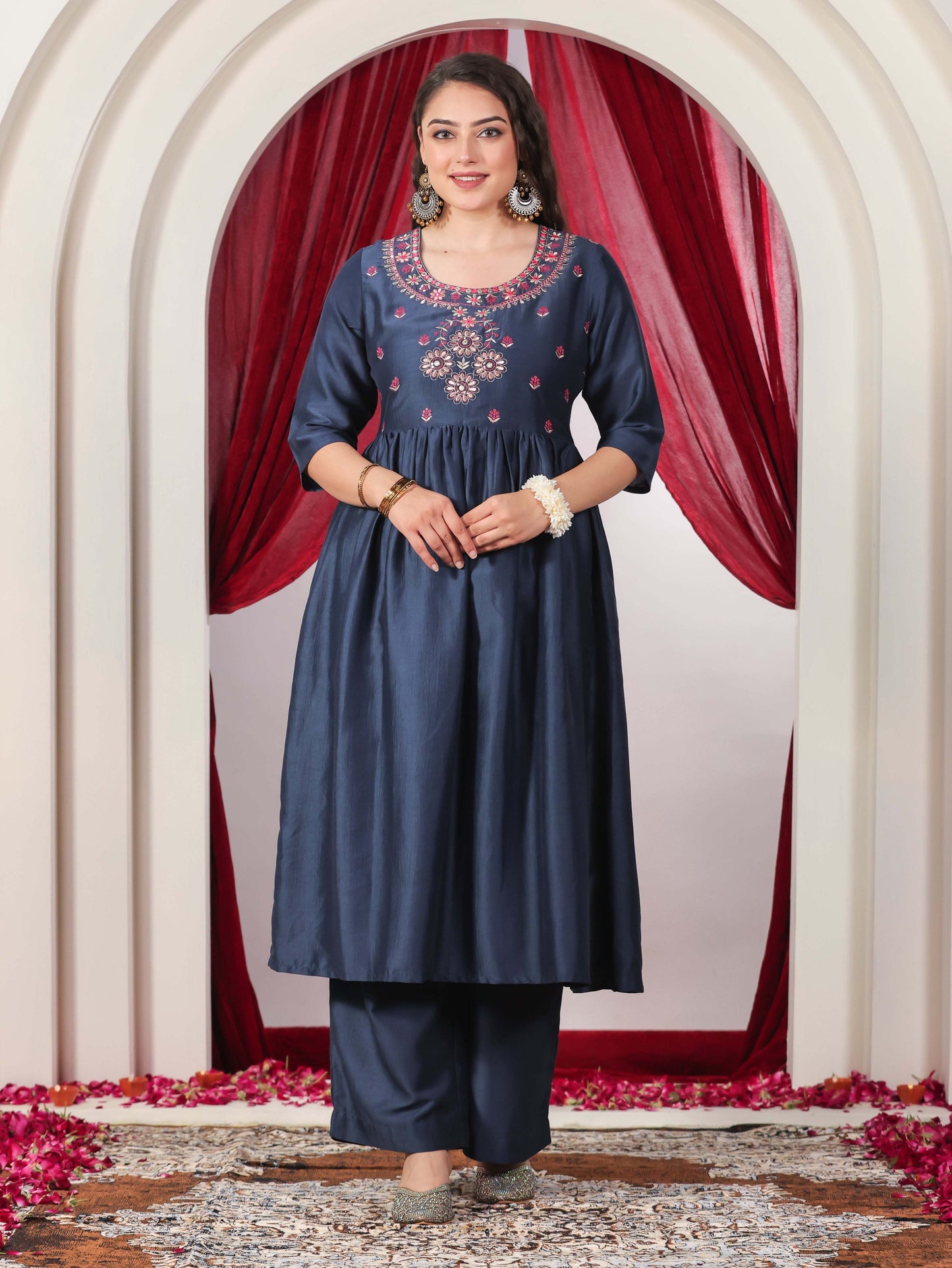 Embroidered Crepe Solid Flared Blue Kurta