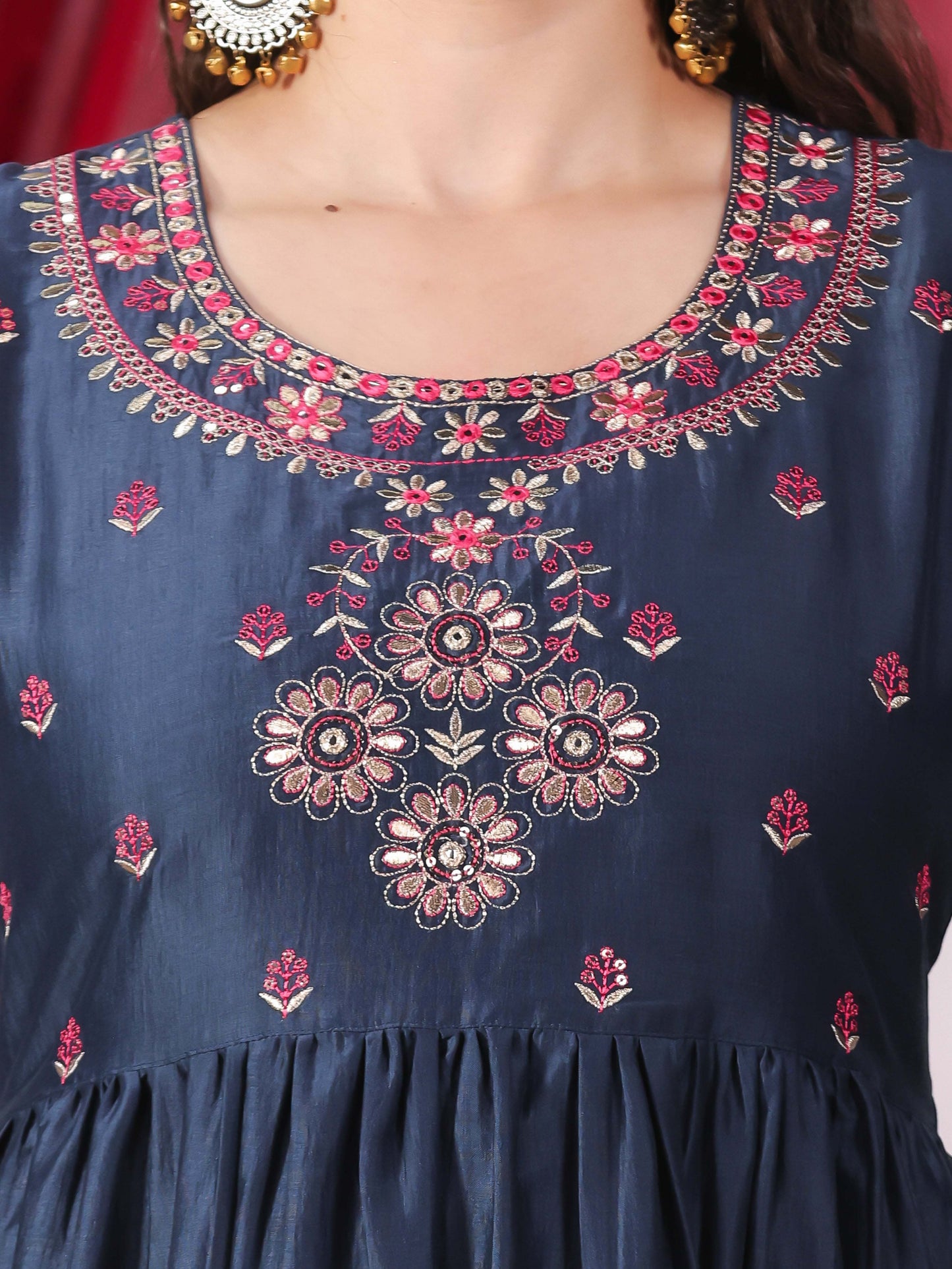 Embroidered Crepe Solid Flared Blue Kurta