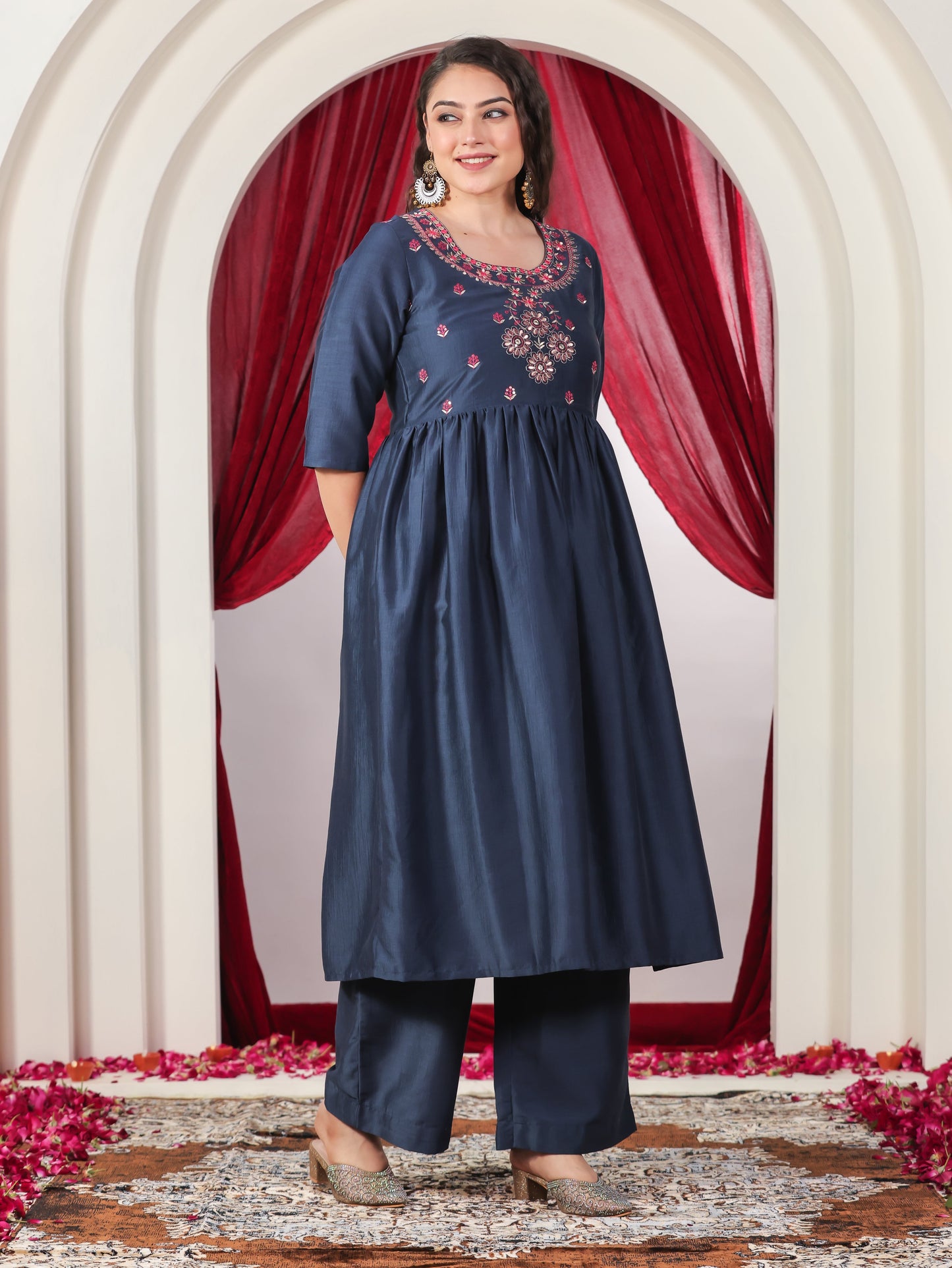 Embroidered Crepe Solid Flared Blue Kurta