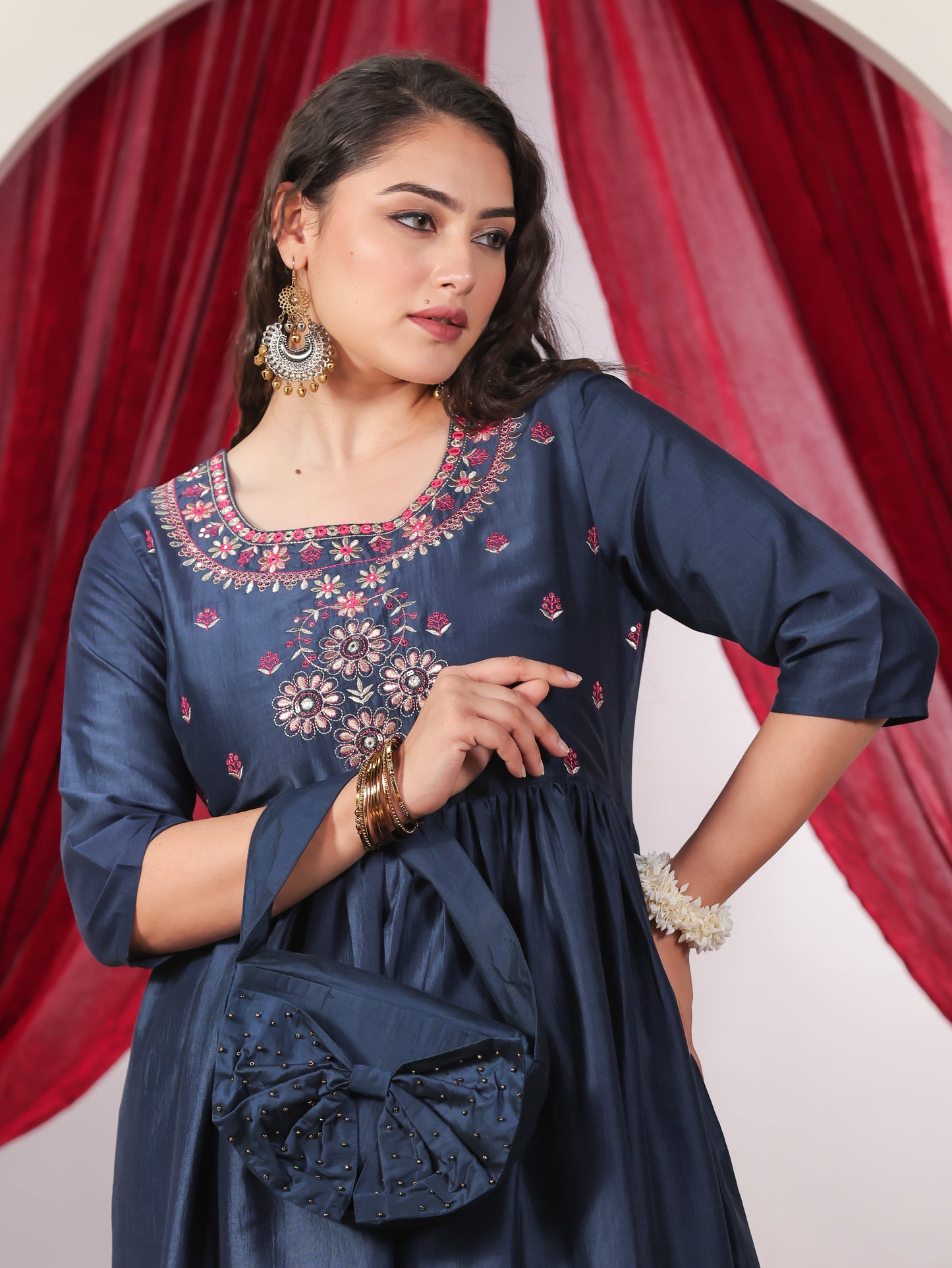 Embroidered Crepe Solid Flared Blue Kurta