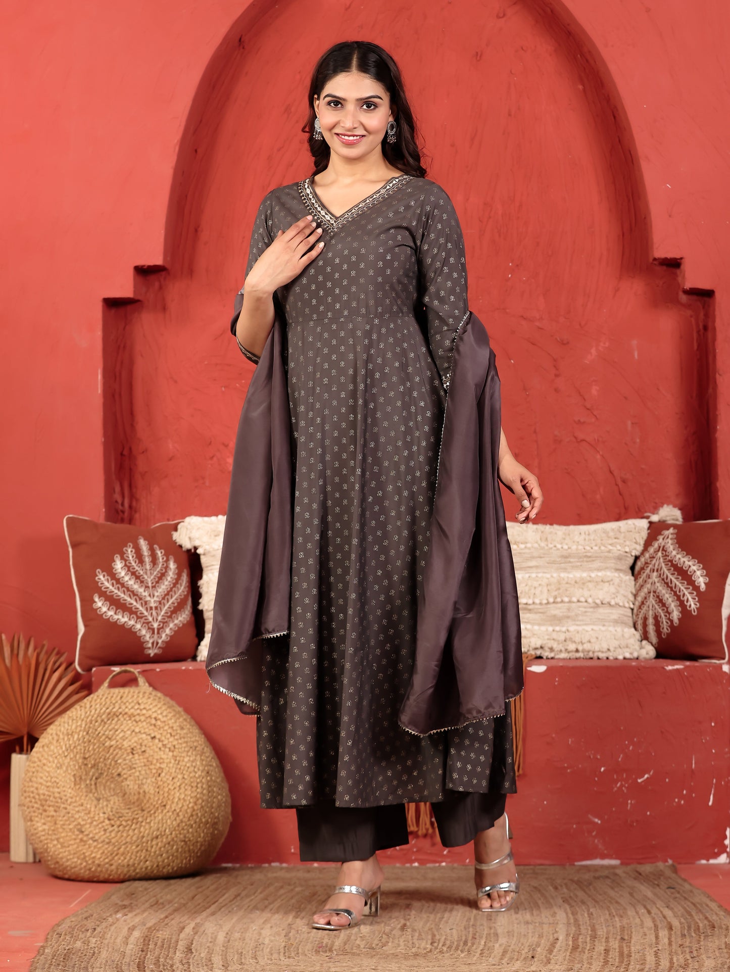 Embroidered Roman Silk Gold Foil A-line Grey Kurta