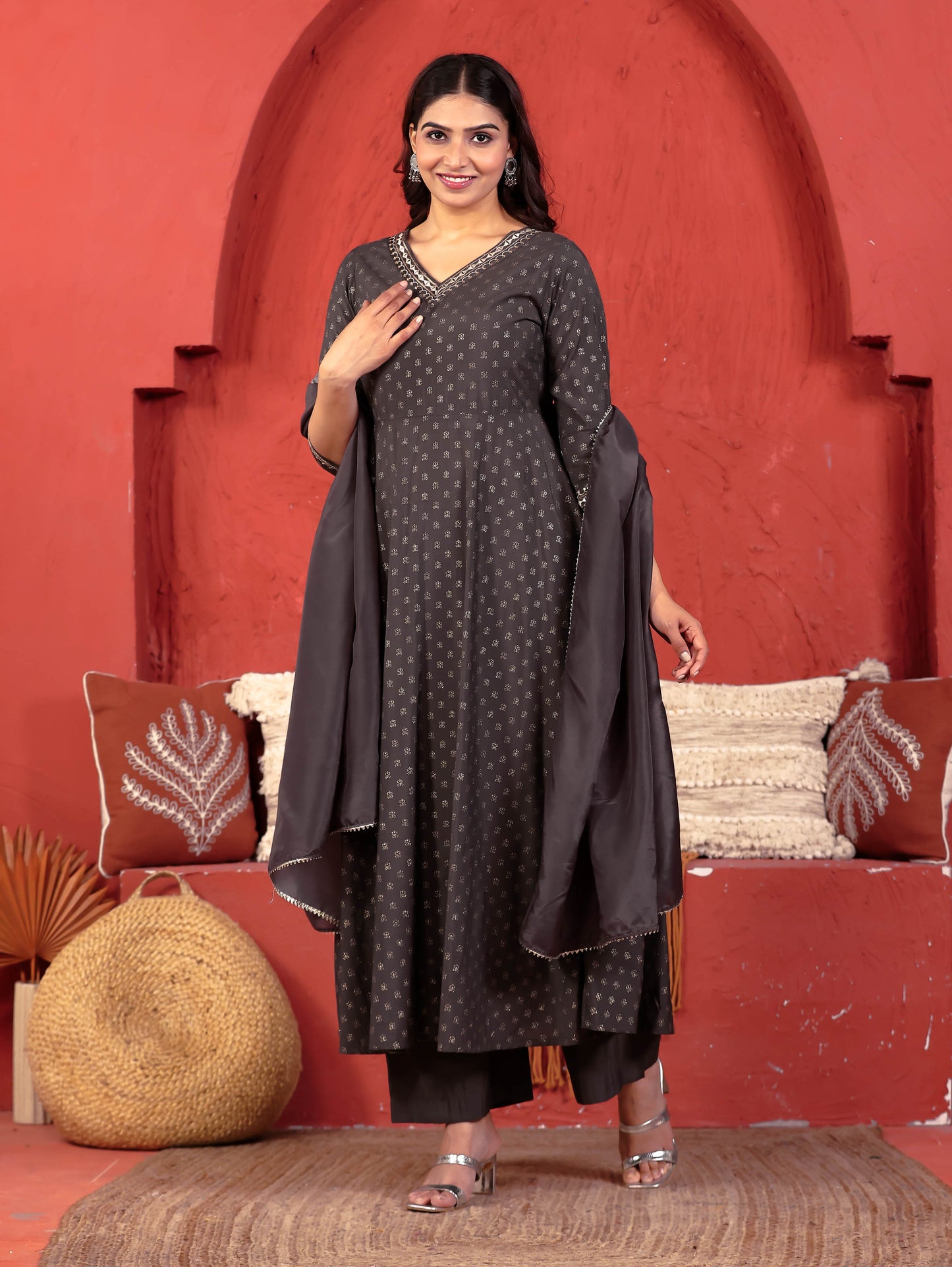 Embroidered Roman Silk Gold Foil Anarkali Grey Kurta