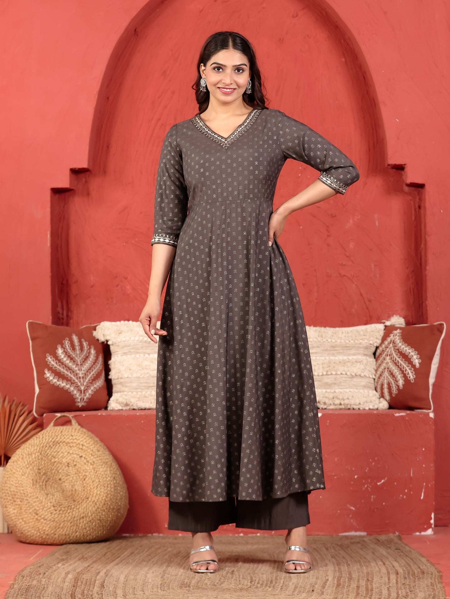 Embroidered Roman Silk Gold Foil A-line Grey Kurta