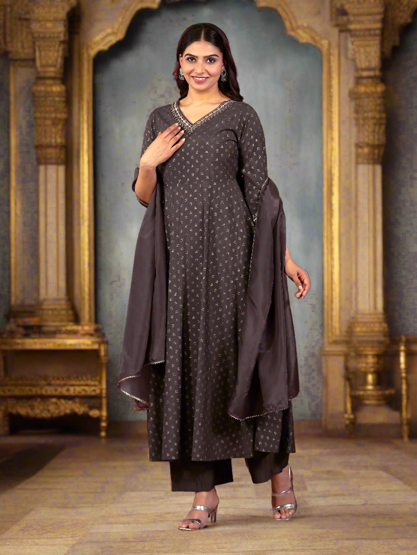 Embroidered Roman Silk Gold Foil Anarkali Grey Kurta