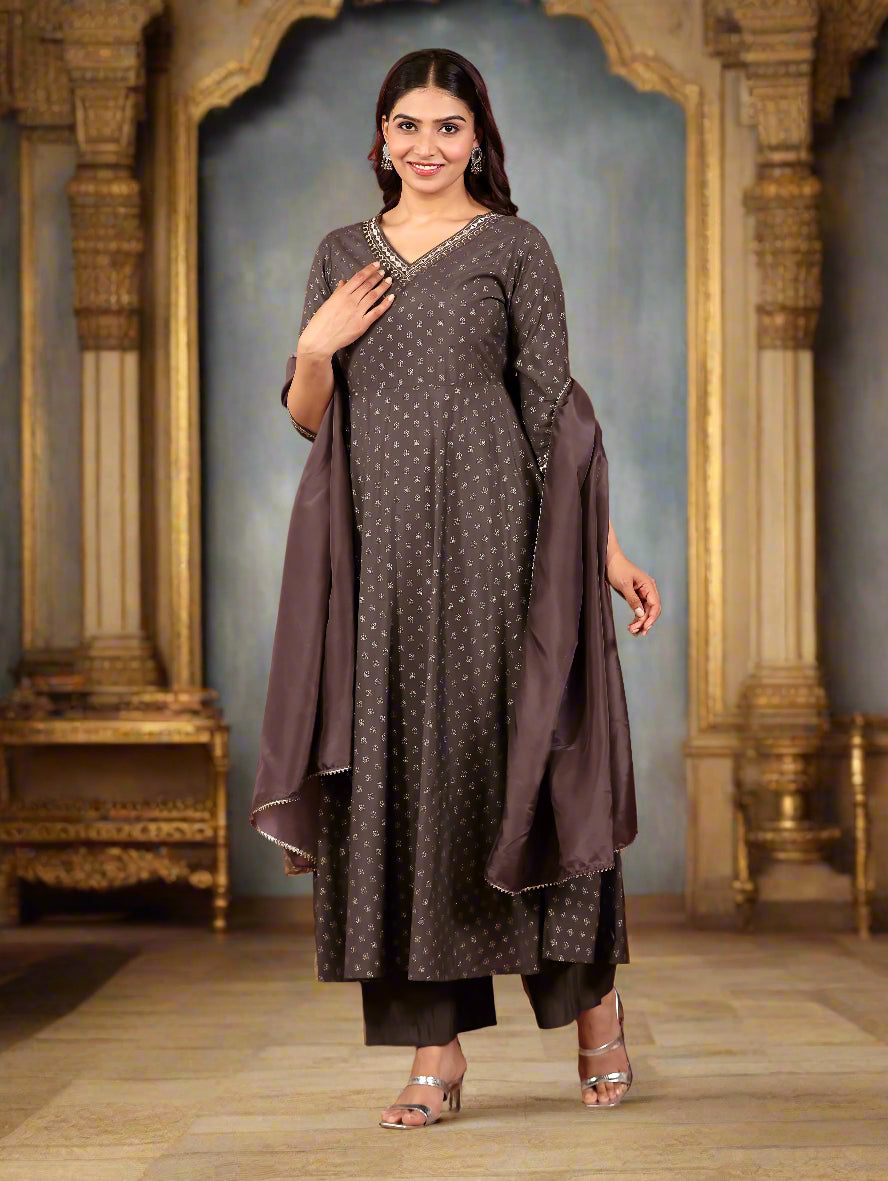 Embroidered Roman Silk Gold Foil A-line Grey Kurta