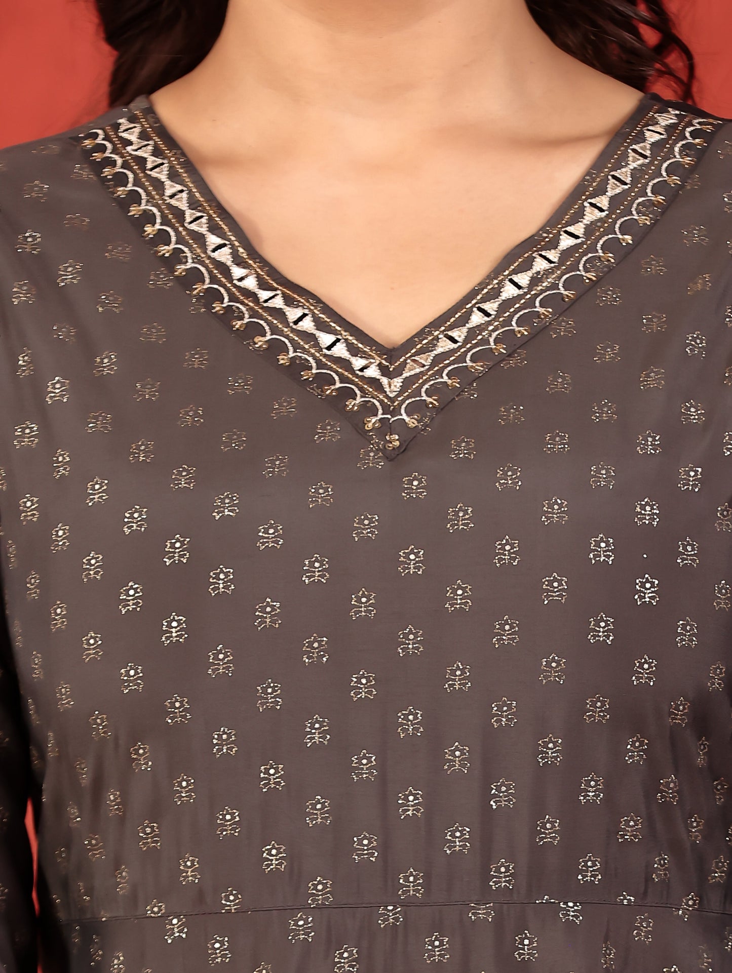 Embroidered Roman Silk Gold Foil A-line Grey Kurta