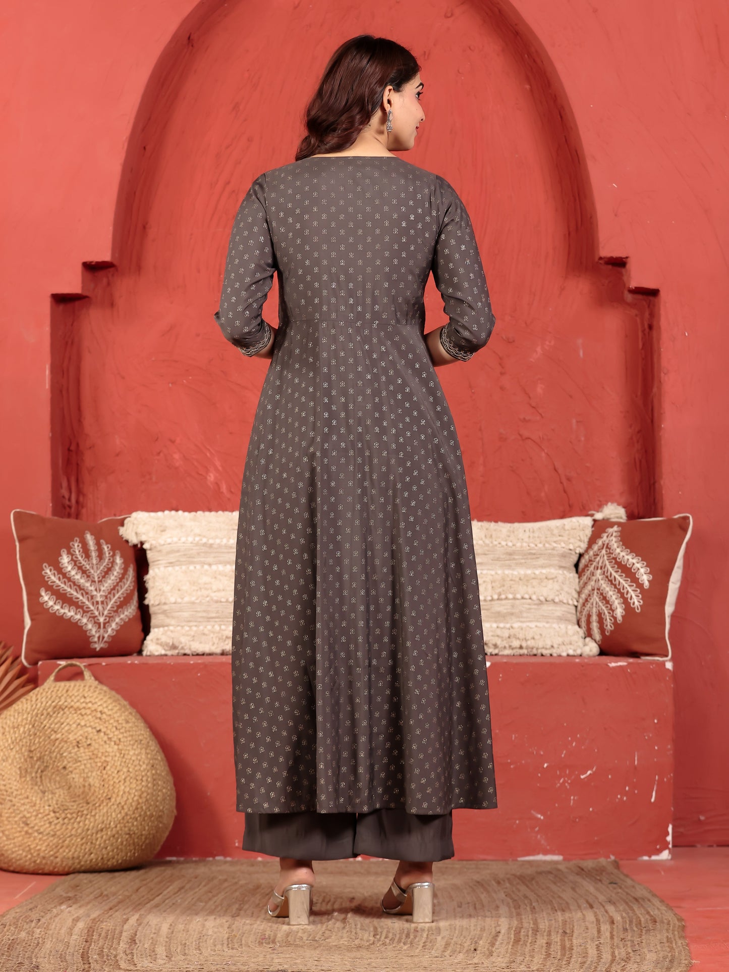Embroidered Roman Silk Gold Foil A-line Grey Kurta